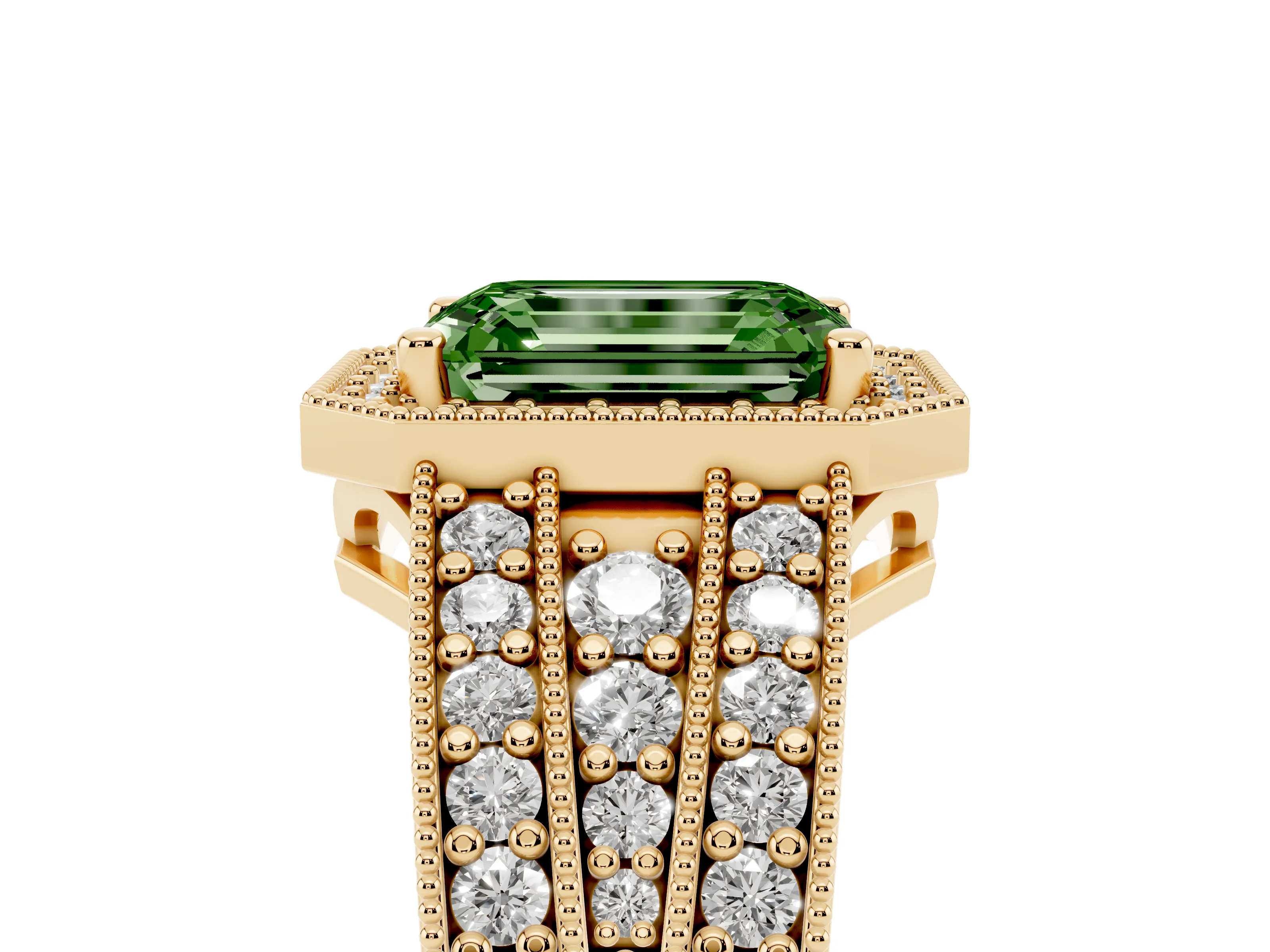 Fancy Green Emerald Cut Diamond Halo Ring Set in Yellow gold with Accent Split Shank and Prong Setting