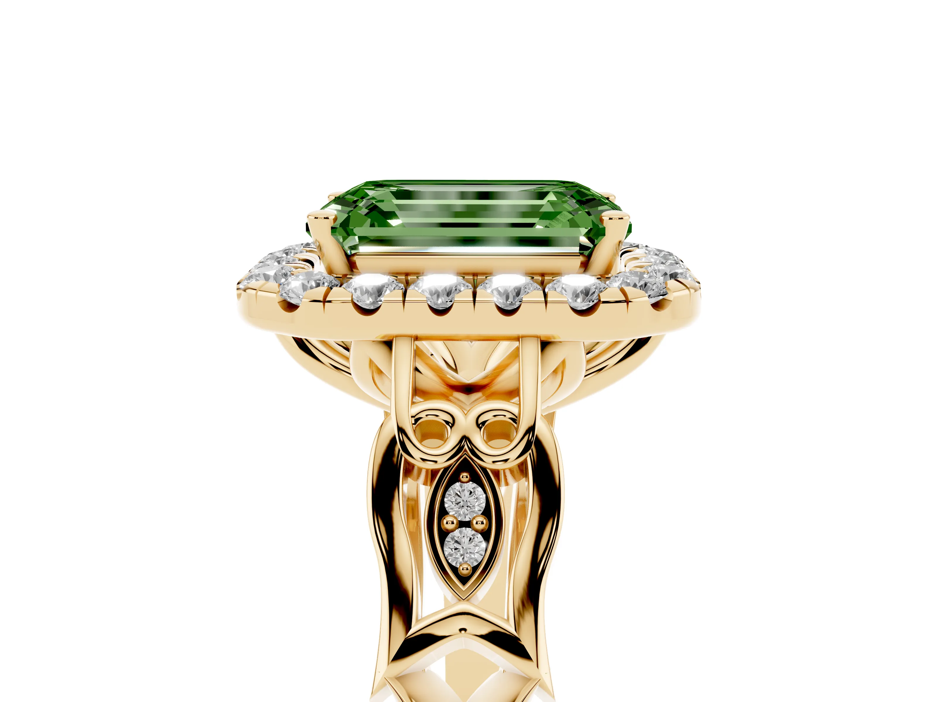Fancy Green Emerald Cut Diamond Halo Engagement Ring Set in Yellow gold with Filigree Band and Prong-Set Center