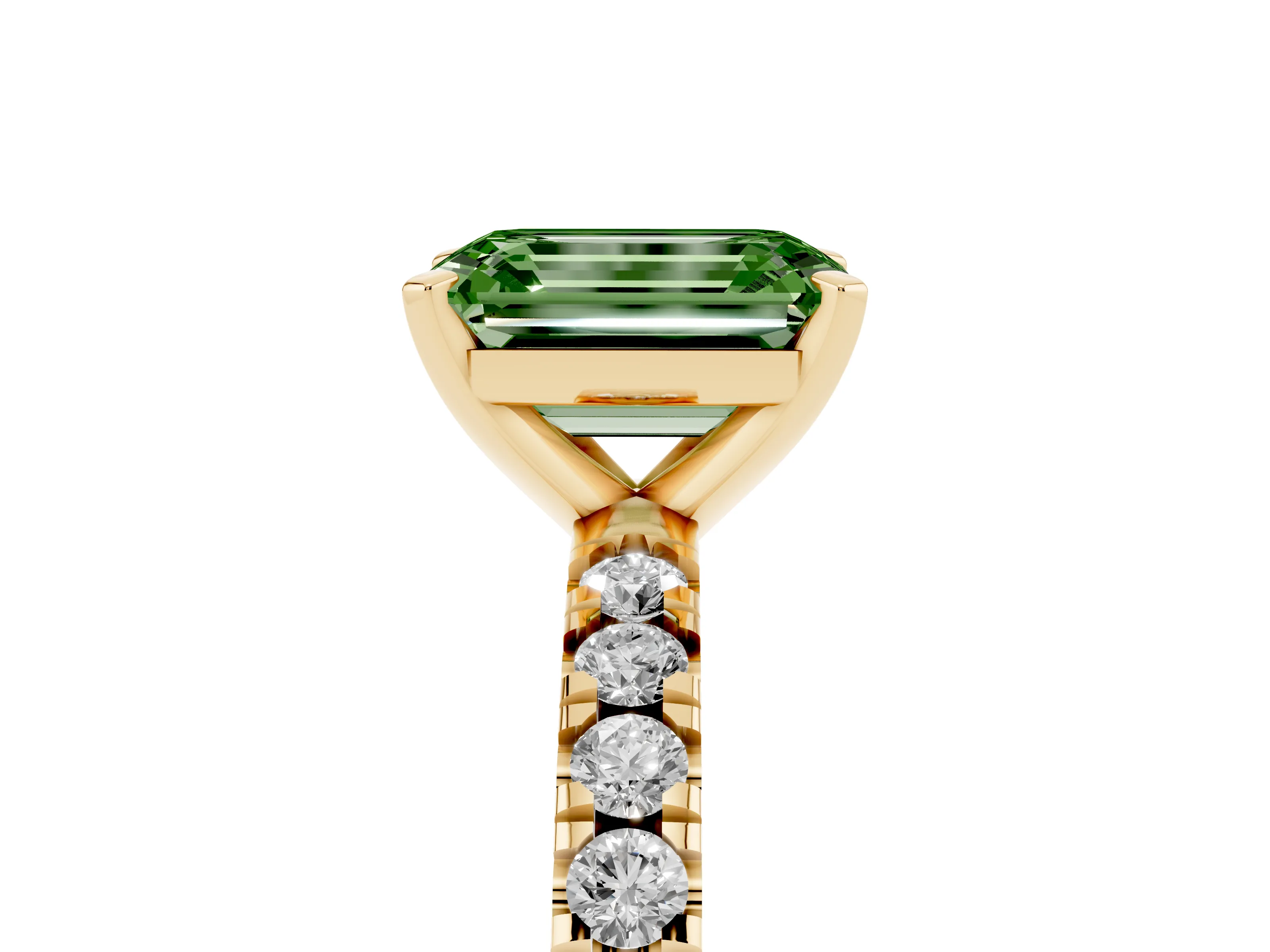 Fancy Green Emerald Cut Diamond Pavé Band Solitaire Set in Yellow gold with Prong Setting