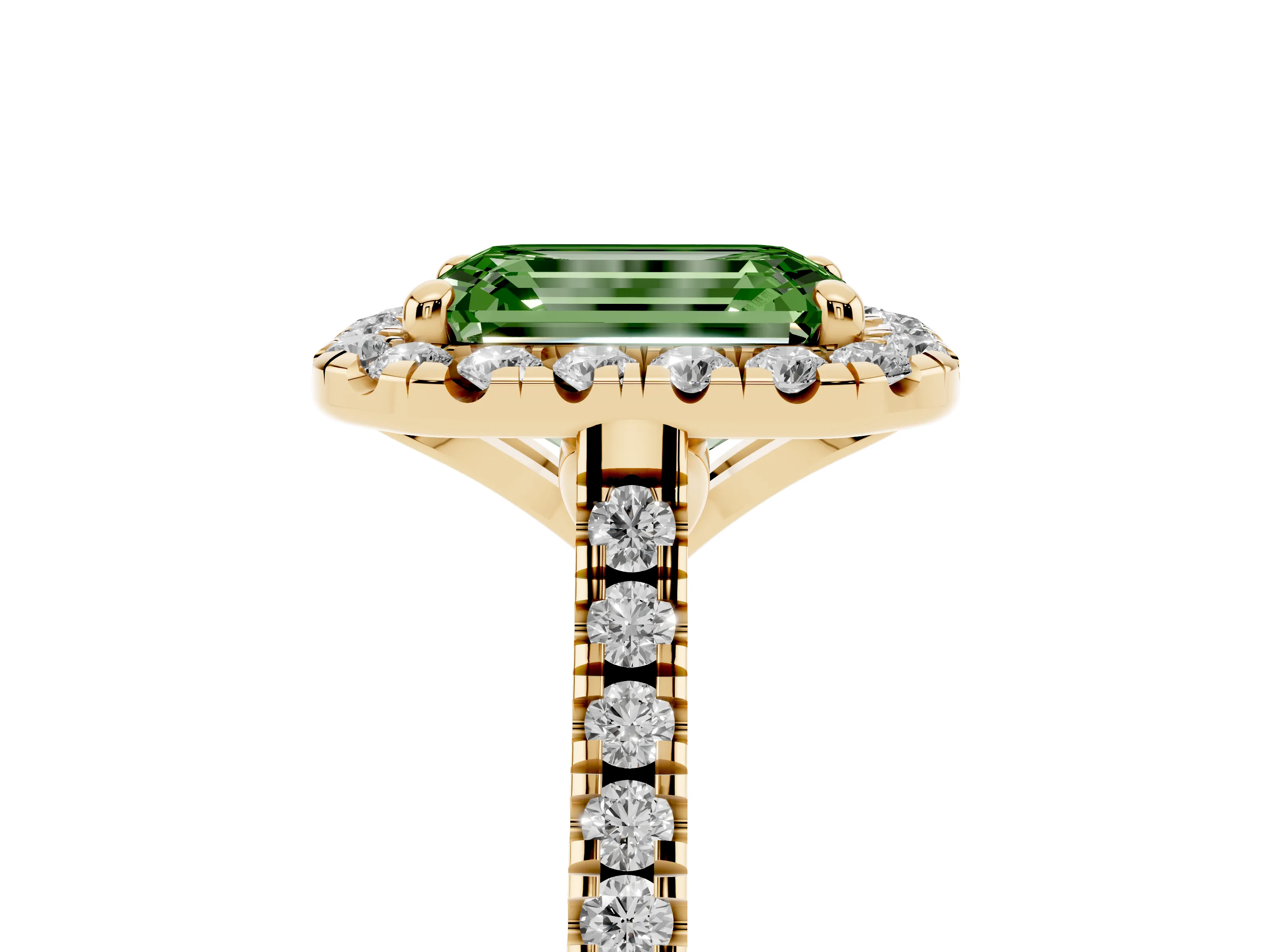 Fancy Green Emerald Cut Diamond Cushion Halo Ring Set in Yellow gold with Pavé Band