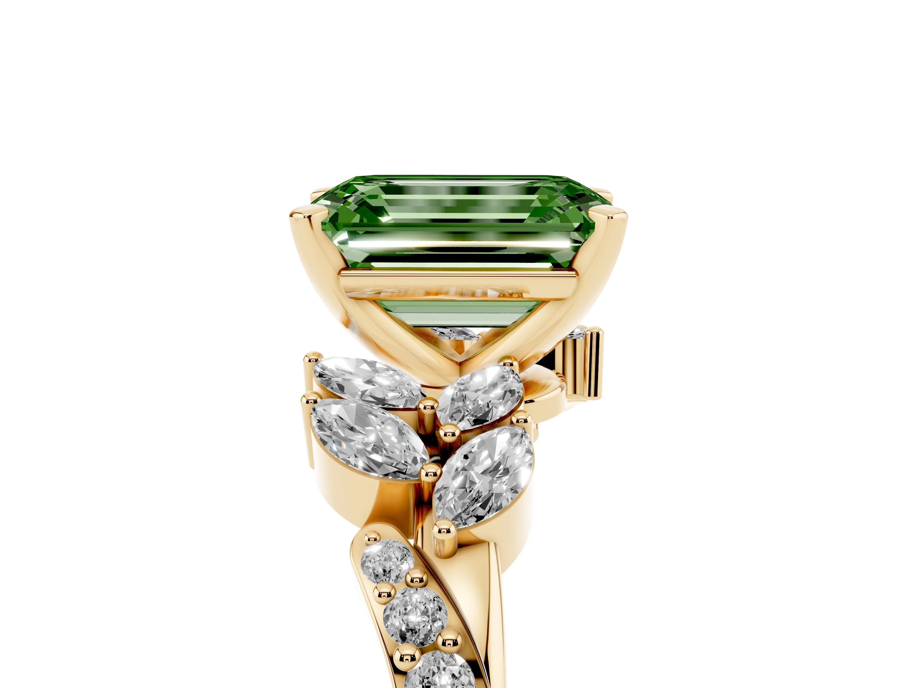 Fancy Green Emerald Cut Diamond Solitaire Ring Set in Yellow gold with Marquise Twist Band and Prong Setting