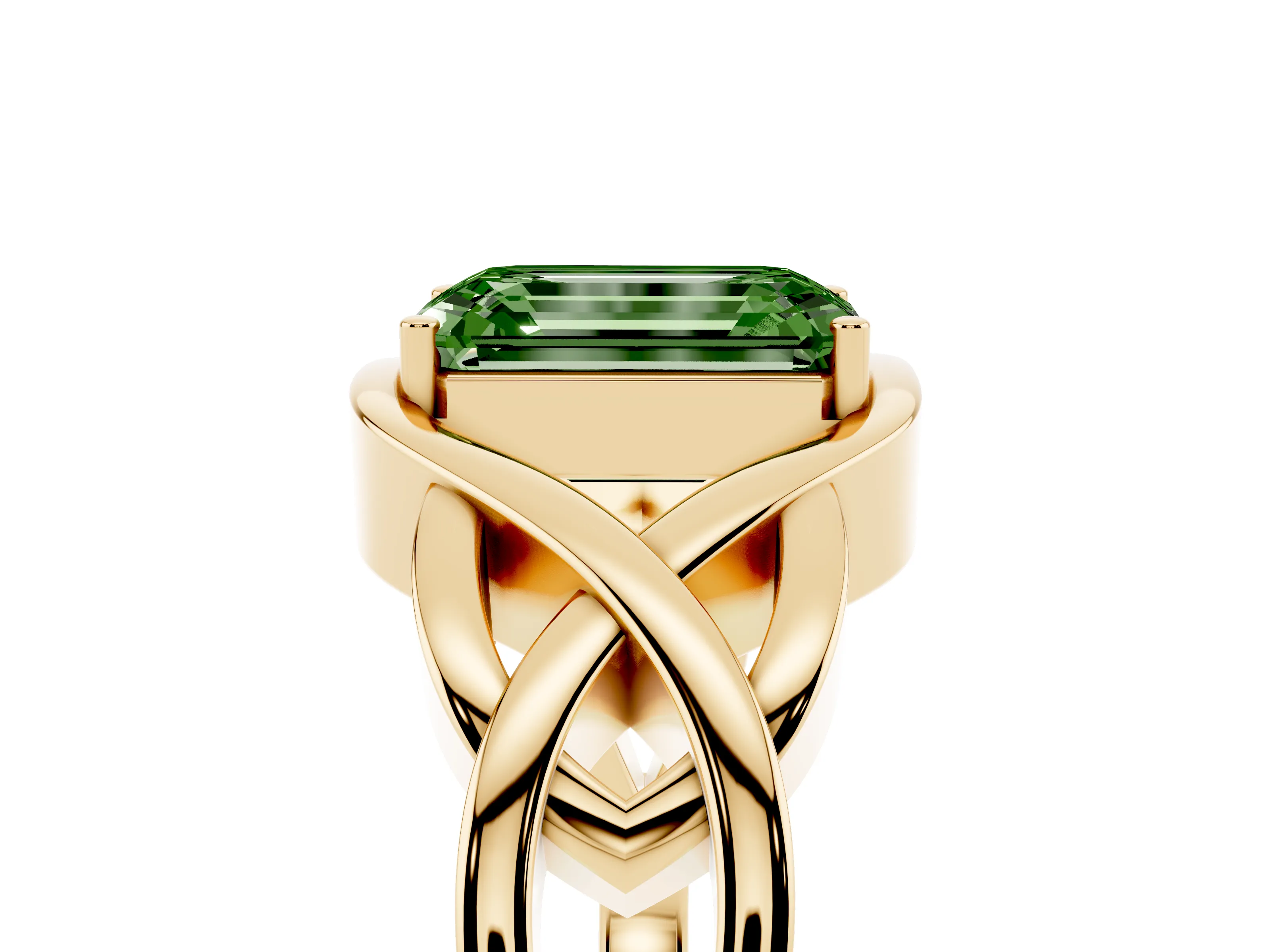Fancy Green Emerald Cut Diamond Solitaire Ring Set in Yellow gold with Intertwined Band