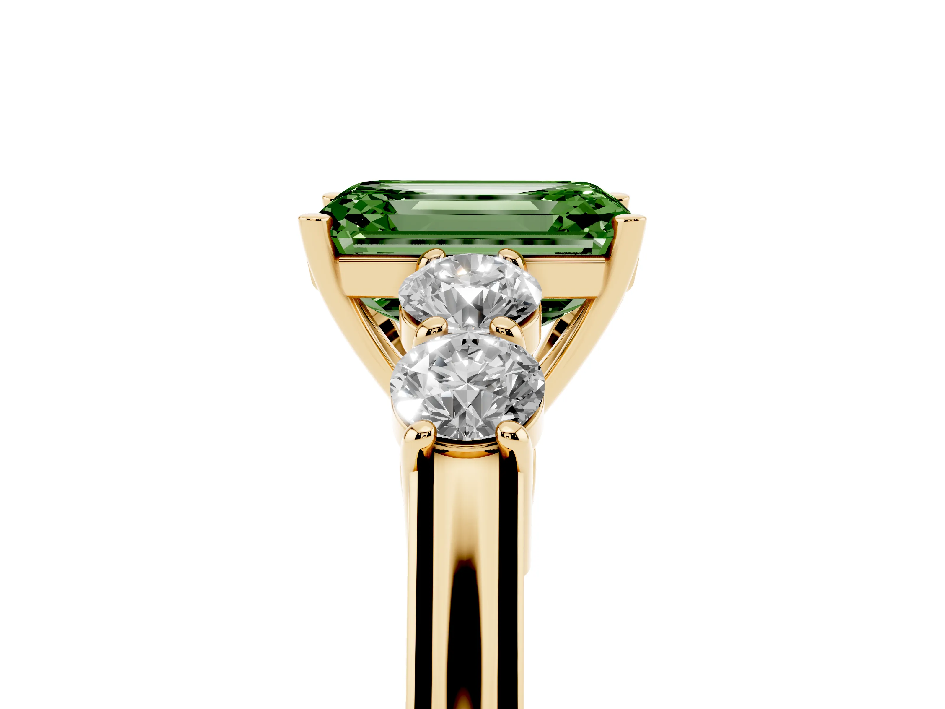 Fancy Green Emerald Cut Diamond Five-Stone Prong Set Band Ring Set in Yellow gold with Polished Band