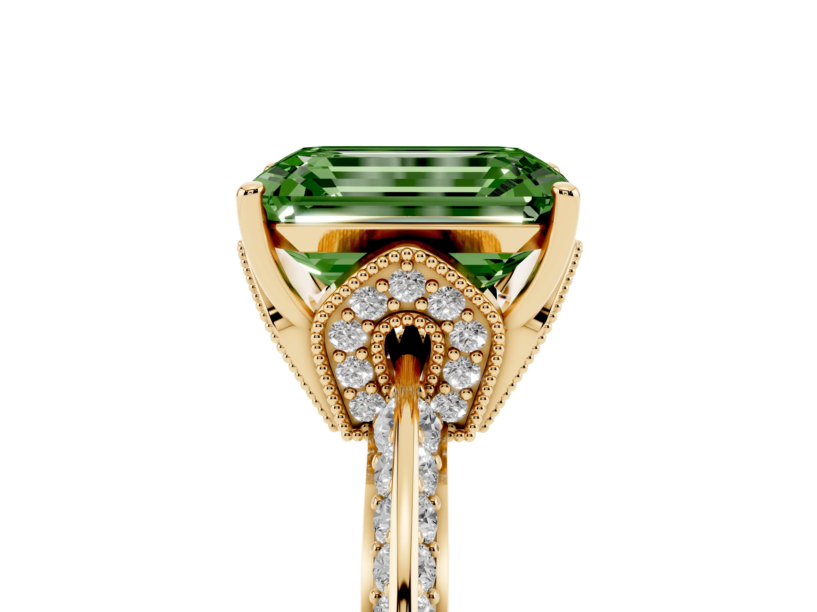 Fancy Green Emerald Cut Diamond Solitaire Engagement Ring Set in Yellow gold with Pavé Split Shank and Prong Setting