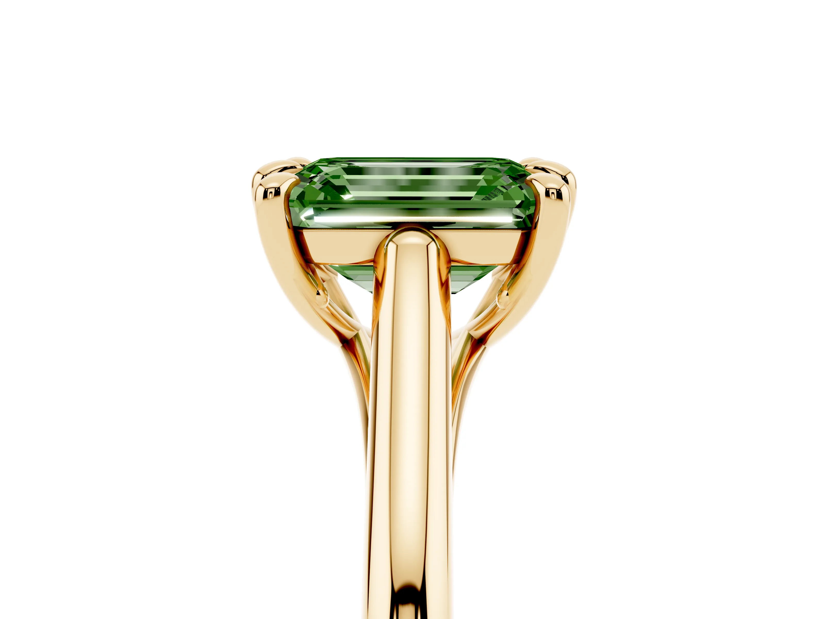 Fancy Green Emerald Cut Diamond Solitaire Engagement Ring Set in Yellow gold with Prong Setting and Plain Classic Band