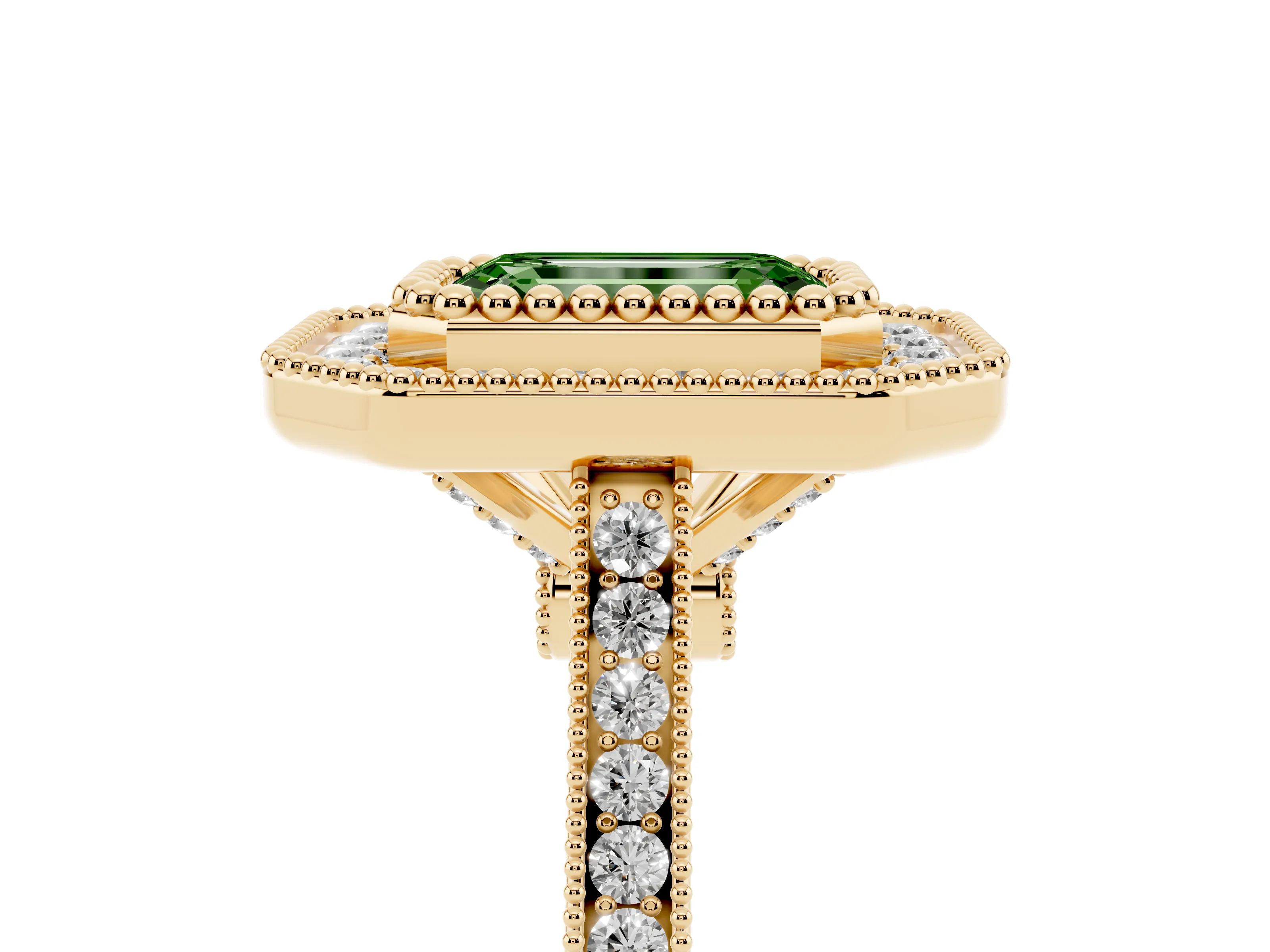Fancy Green Emerald Cut Diamond Halo Ring Set in Yellow gold with Milgrain Frame and Pavé Band