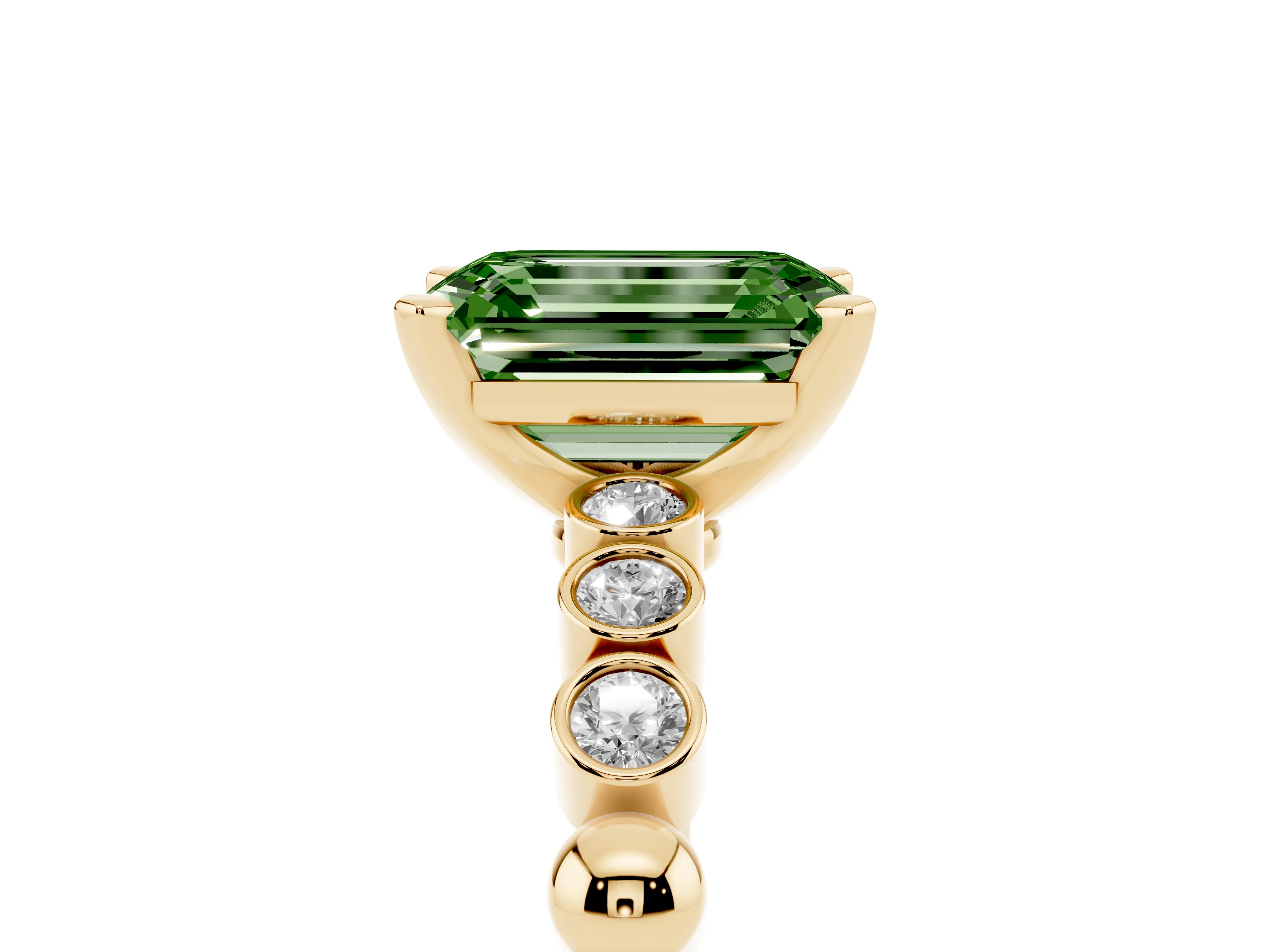 Fancy Green Emerald Cut Diamond Solitaire Engagement Ring Set in Yellow gold with Bezel Accents on Beaded Band