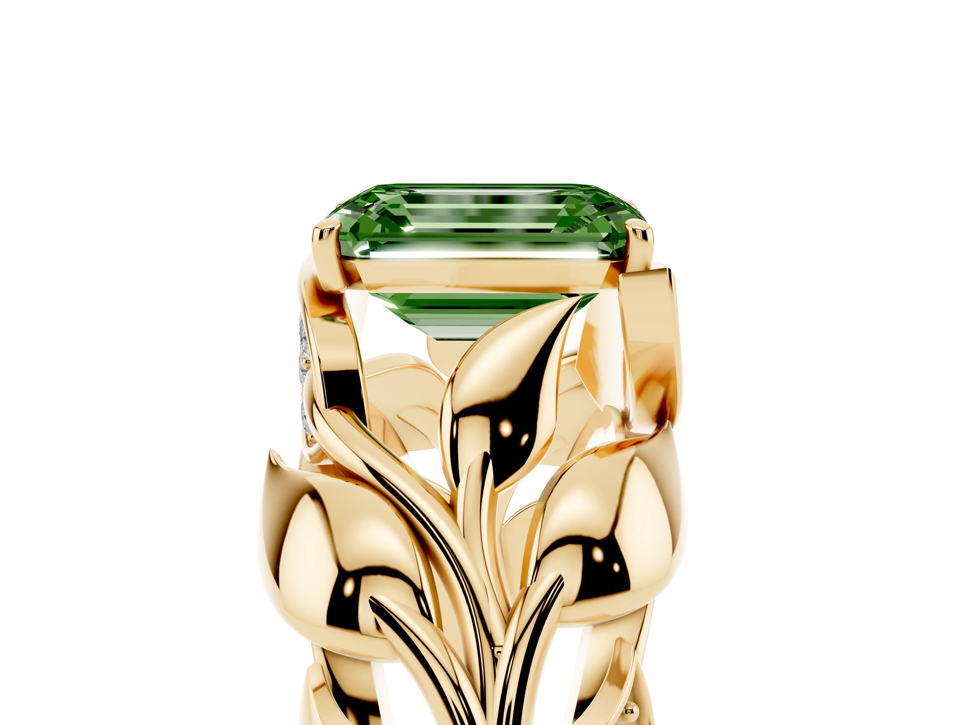 Fancy Green Emerald Cut Diamond Leaf-Inspired Engagement Ring Set in Yellow gold with Round Accents