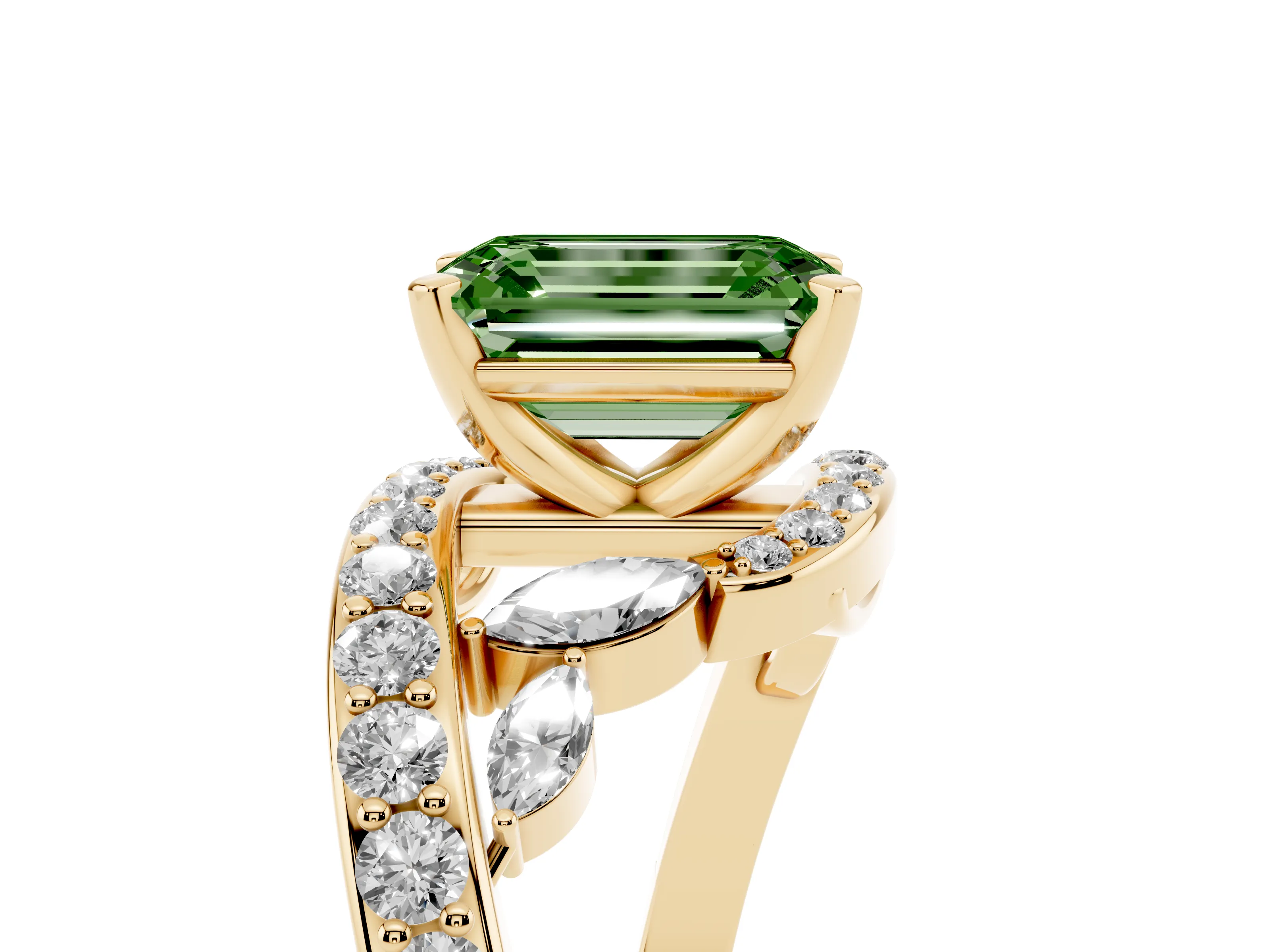 Fancy Green Emerald Cut Diamond Solitaire Ring Set in Yellow gold with Pavé Twist Band and Secure Prong Setting