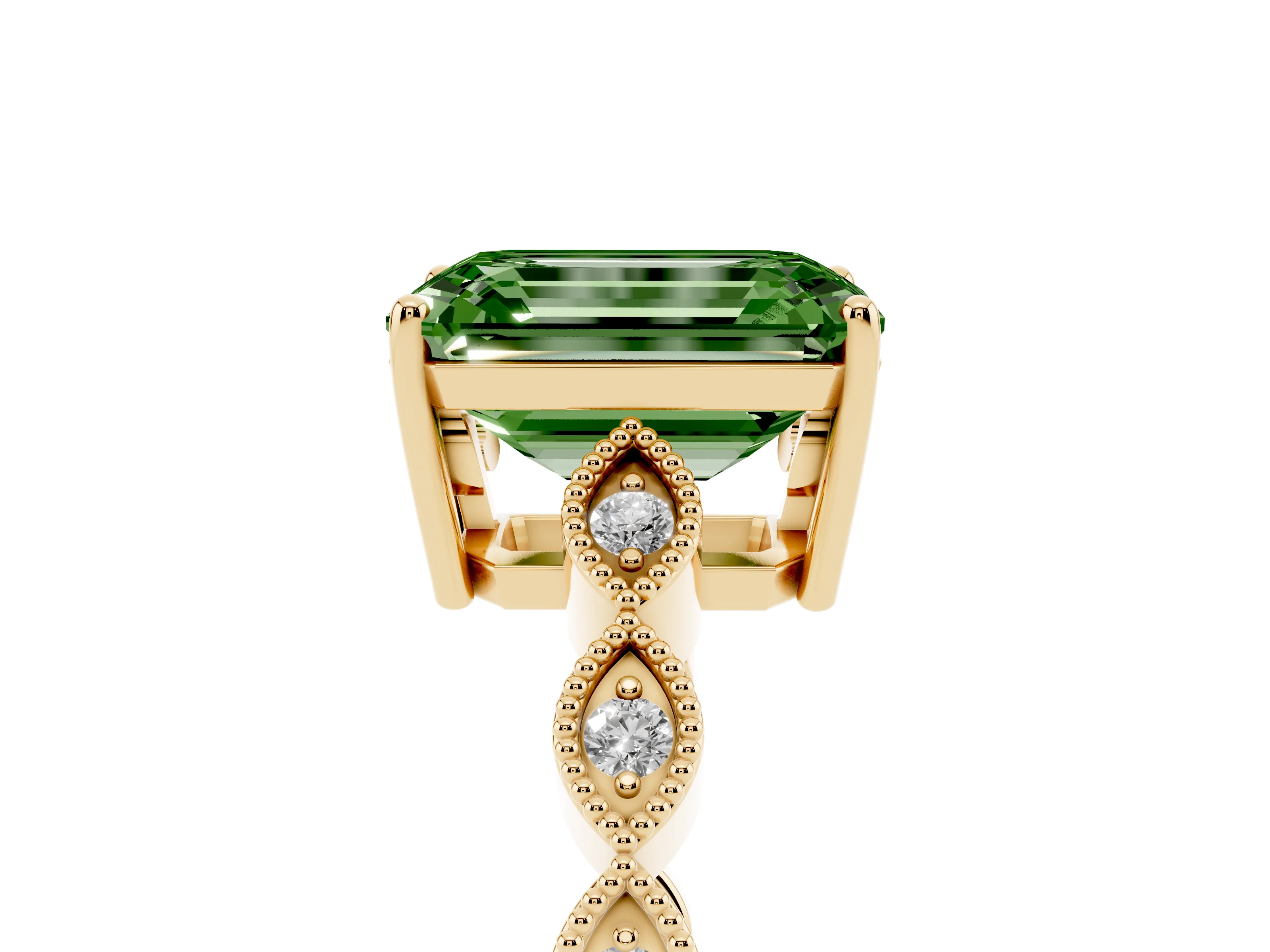 Fancy Green Emerald Cut Diamond Solitaire Ring Set in Yellow gold with Infinity Twist Pavé Band