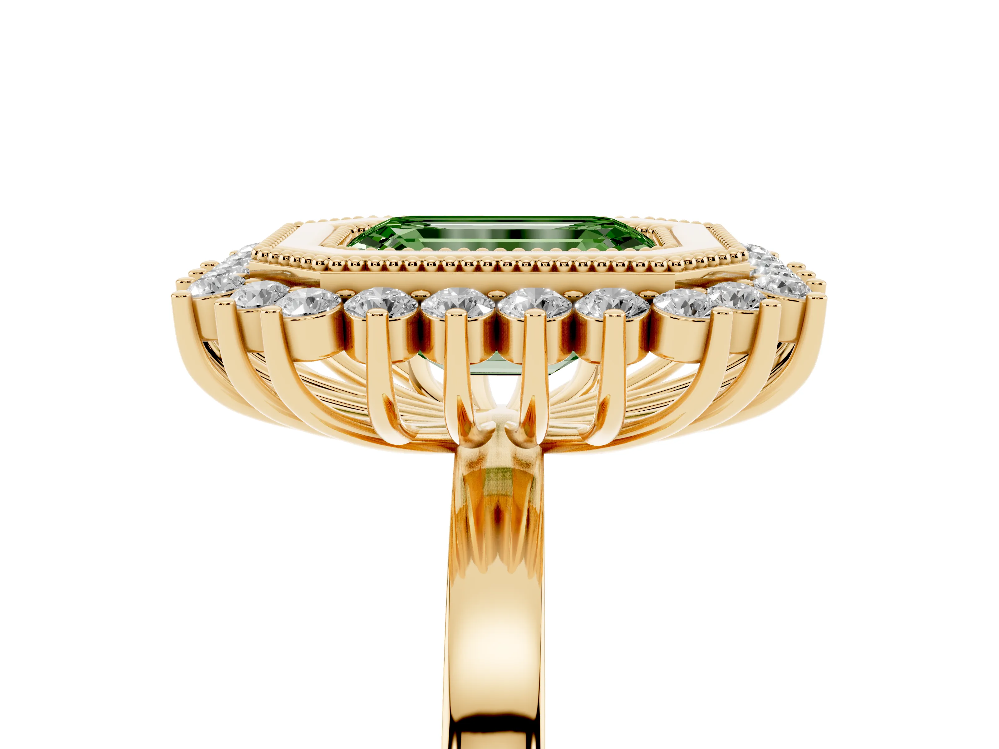 Fancy Green Emerald Cut Diamond Halo Ring Set in Yellow gold with Milgrain Edge and Round Prong Setting