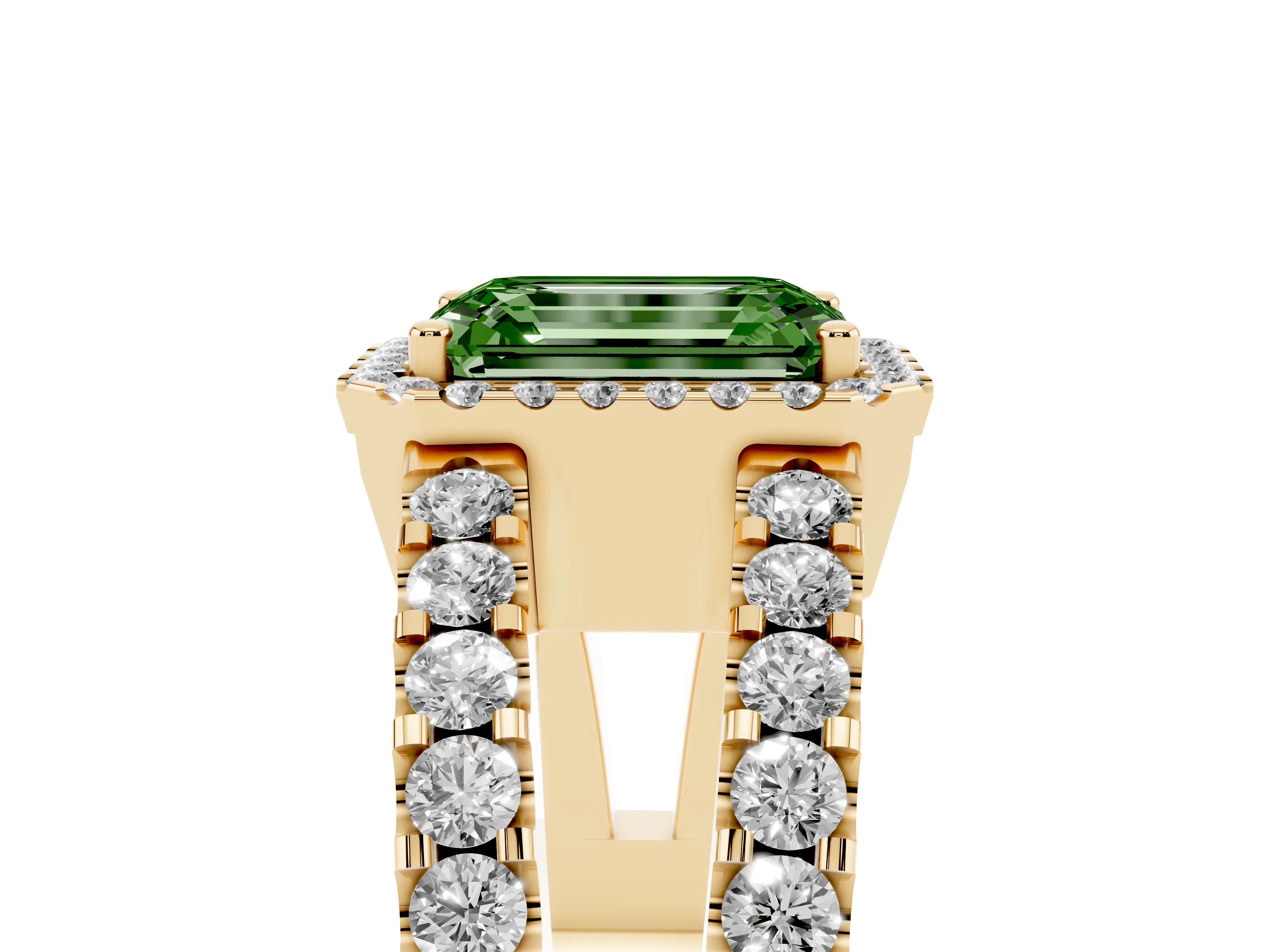 Fancy Green Emerald Cut Diamond Halo Ring Set in Yellow gold with Pavé Split Shank and Prong Setting