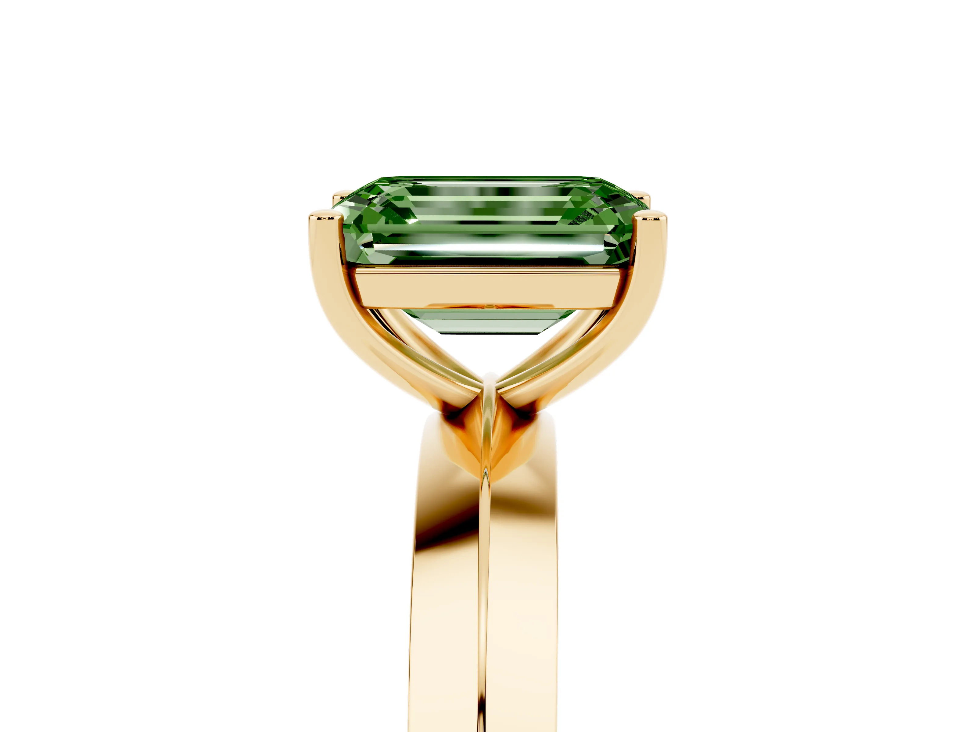 Fancy Green Emerald Cut Diamond Solitaire Engagement Ring Set in Yellow gold with Flat Band and Prong Setting