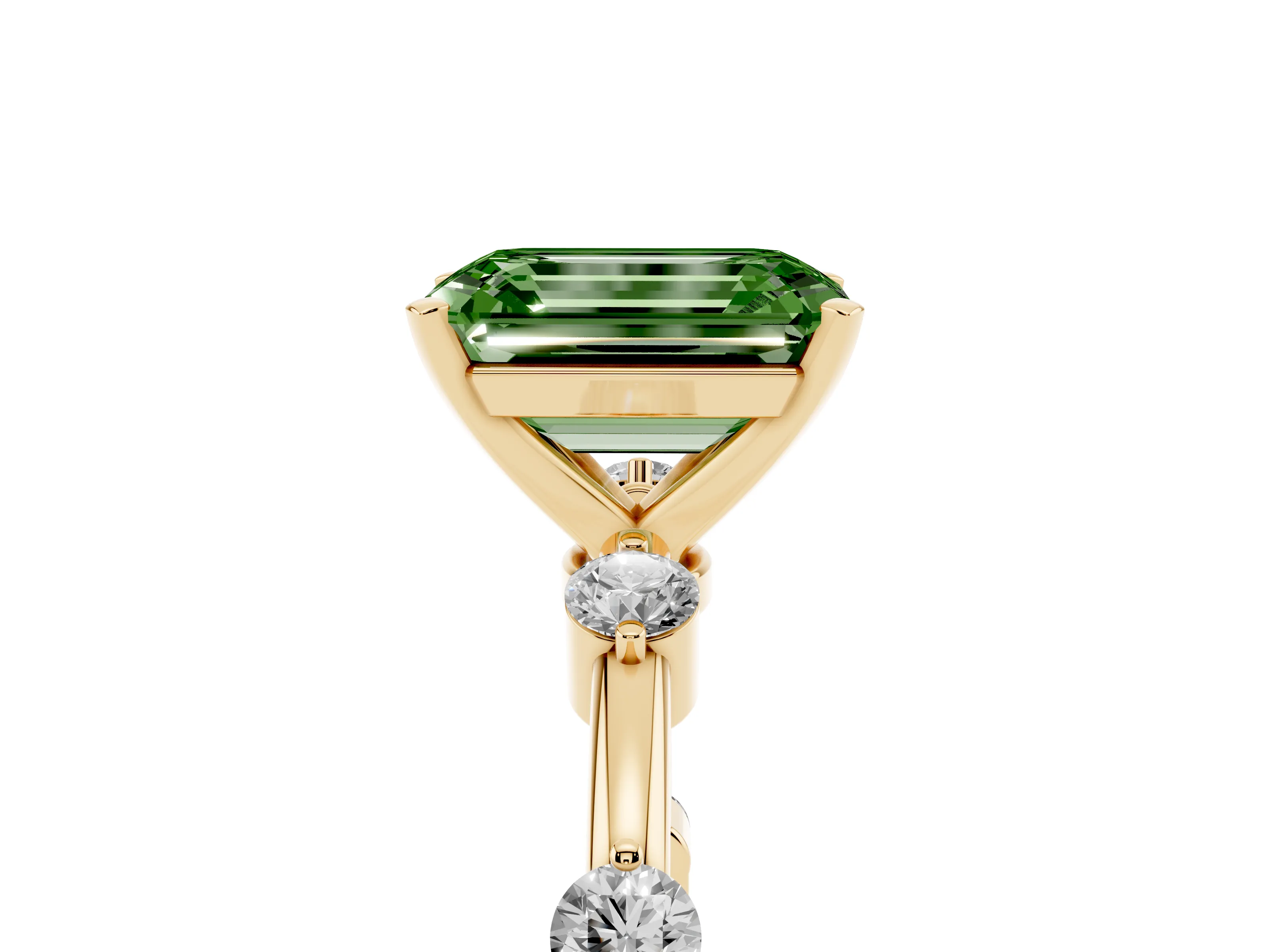 Fancy Green Emerald Cut Diamond Solitaire Ring Set in Yellow gold with Bezel Set Side Stones and Prong Setting