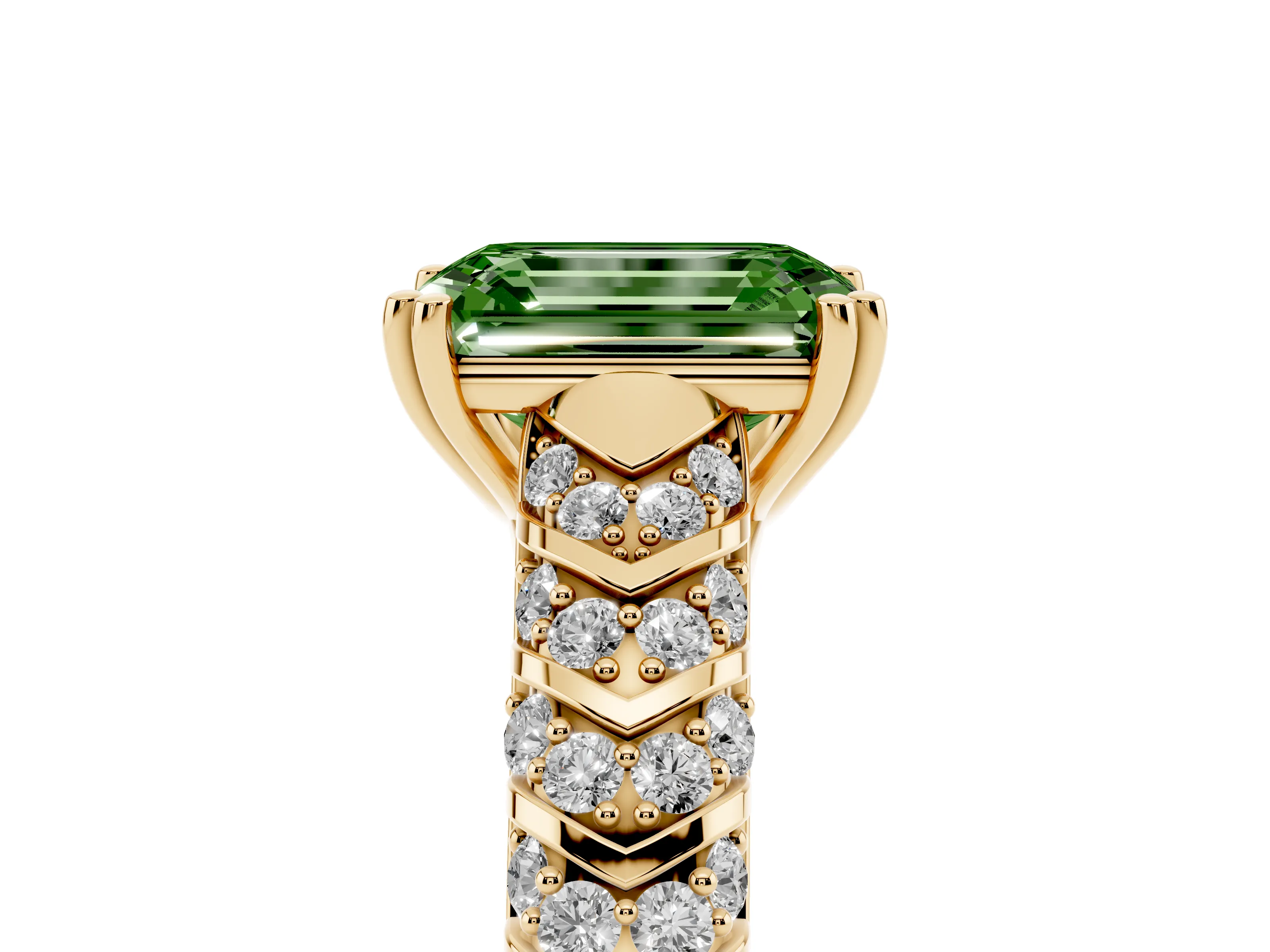 Fancy Green Emerald Cut Diamond Solitaire Chevron Pavé Engagement Ring Set in Yellow gold with Prong Setting