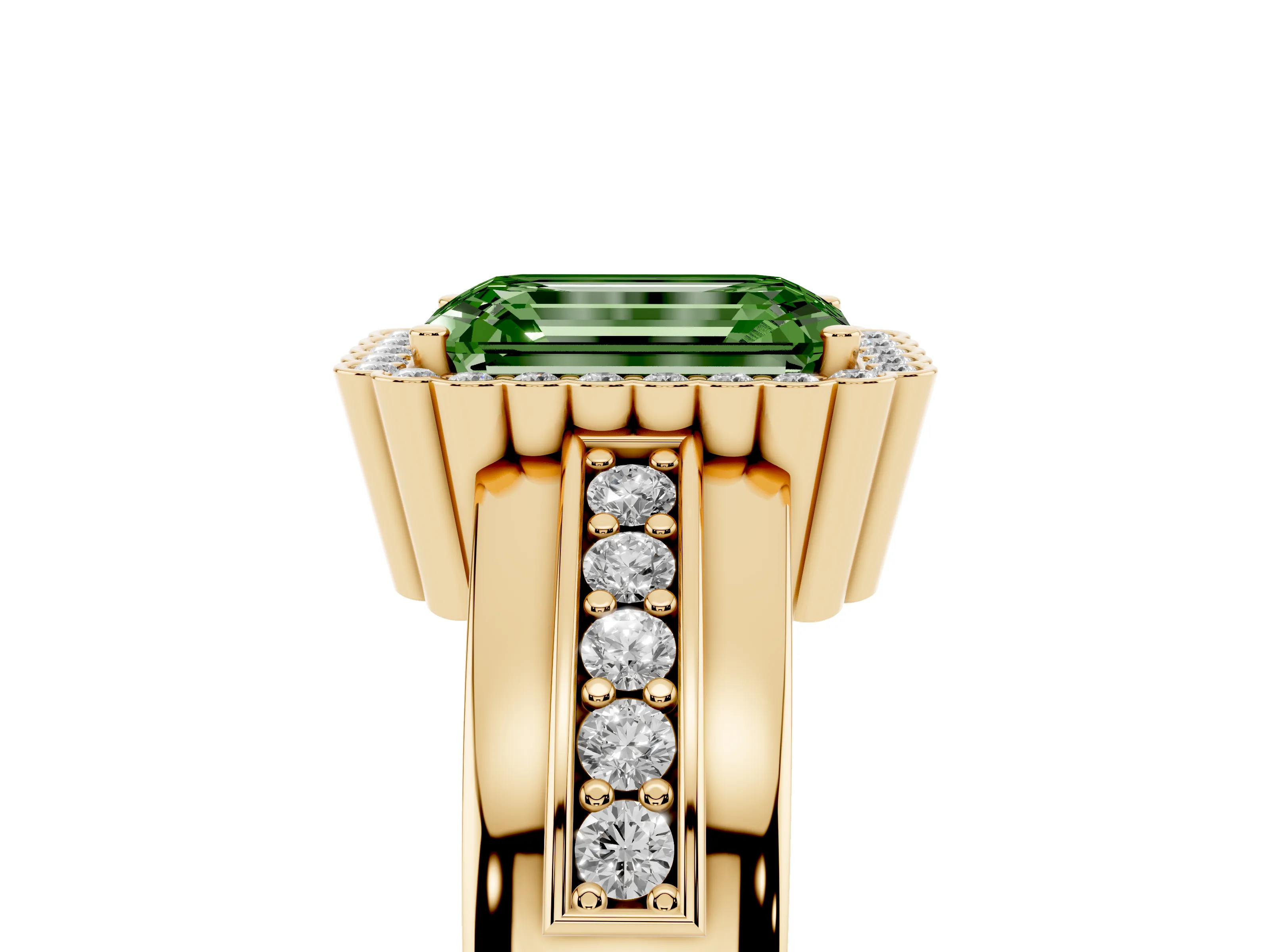 Fancy Green Emerald Cut Diamond Halo Prong Ring Set in Yellow gold with Pavé Band