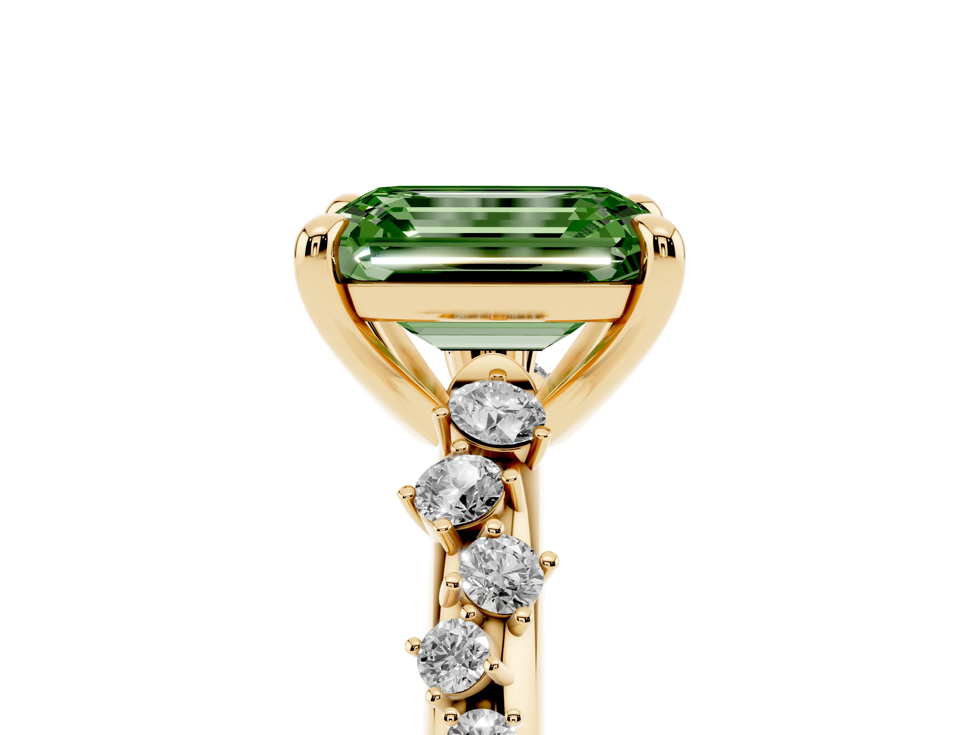 Fancy Green Emerald Cut Diamond Solitaire Vine Band Ring Set in Yellow gold with Round Accents and Prong Setting