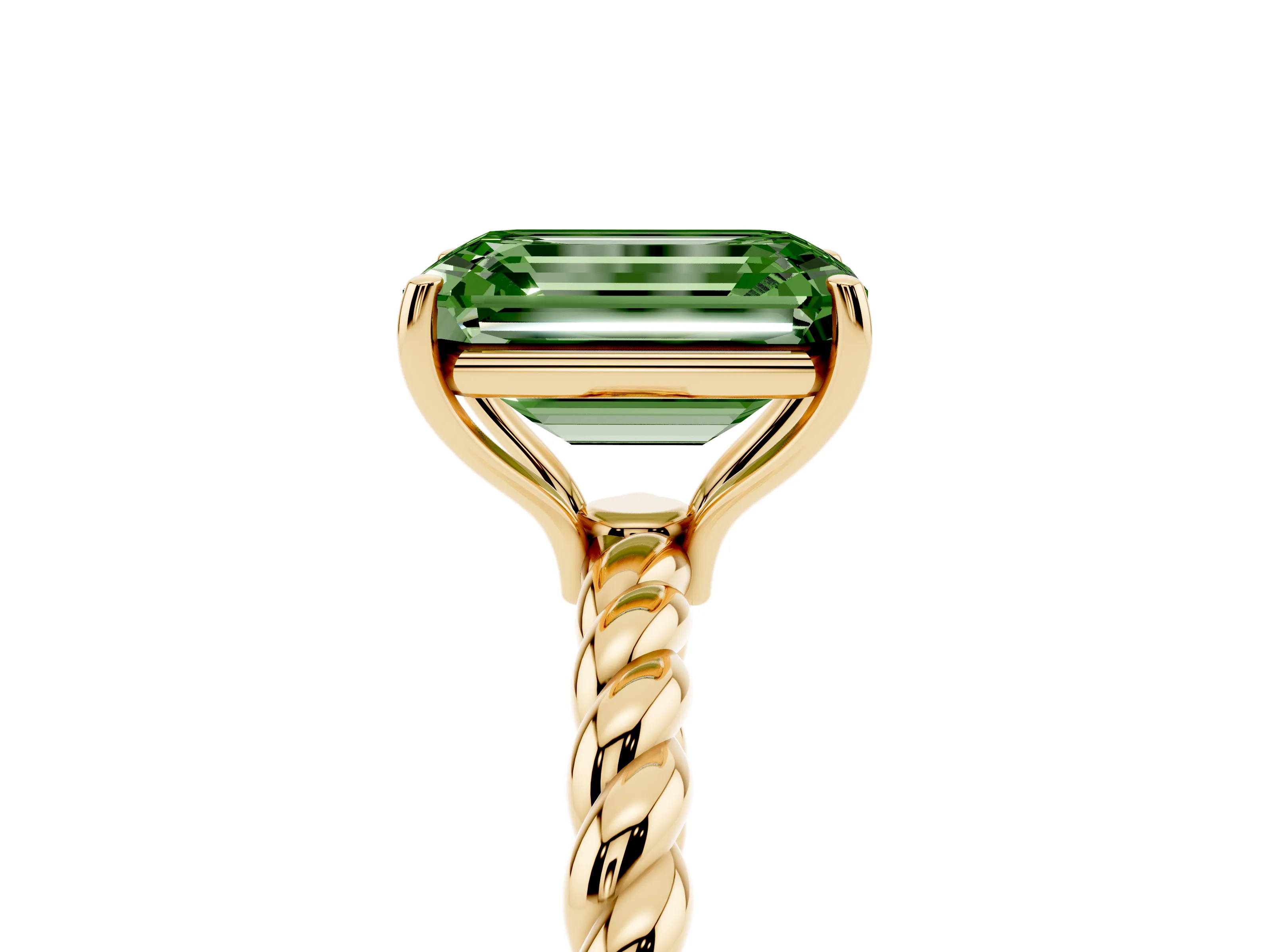 Fancy Green Emerald Cut Diamond Solitaire Ring Set in Yellow gold with Twist Band and Prong Setting