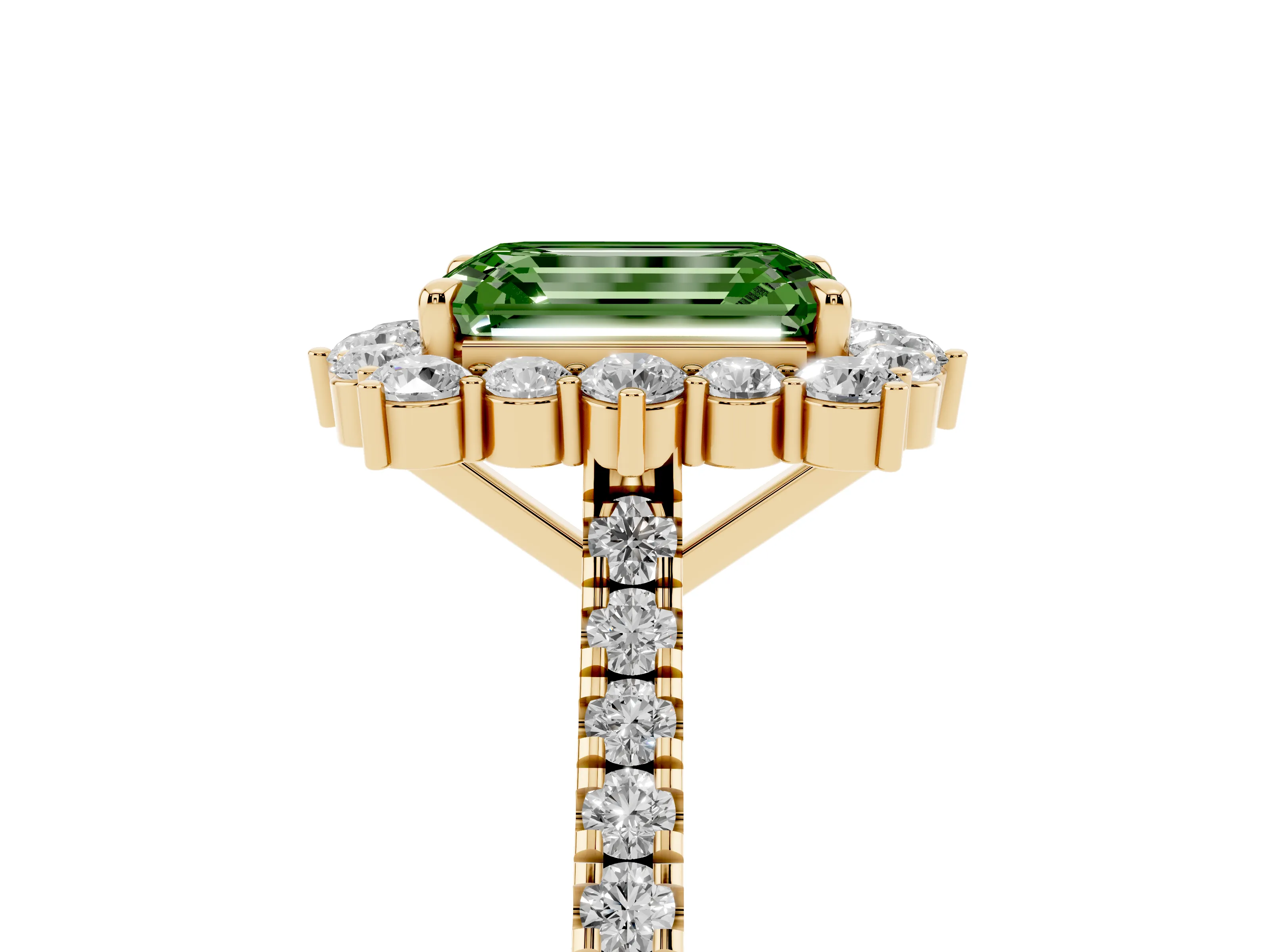 Fancy Green Emerald Cut Diamond Halo Ring Set in Yellow gold with Pavé Band and Prong Setting