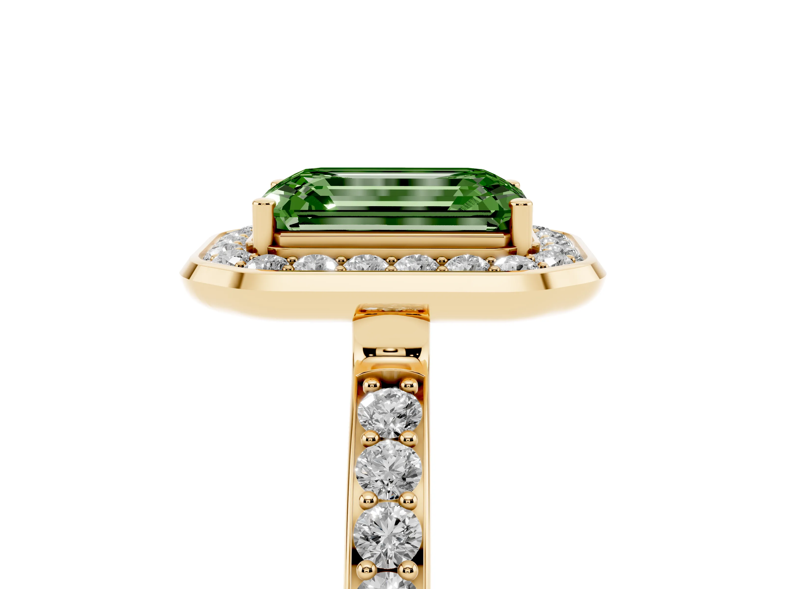 Fancy Green Emerald Cut Diamond Halo Ring Set in Yellow gold with Bezel Frame and Pavé Band