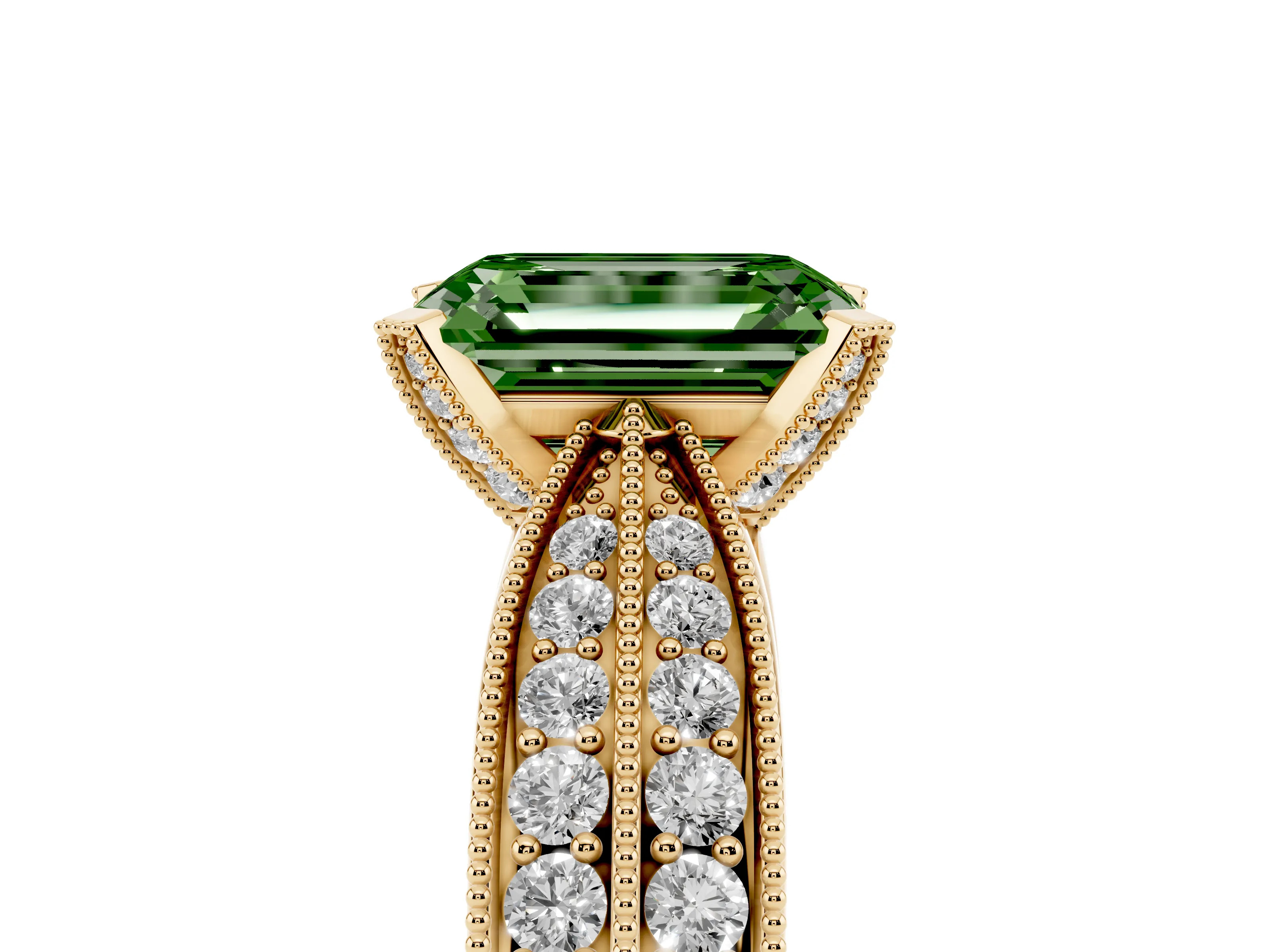 Fancy Green Emerald Cut Diamond Solitaire Ring Set in Yellow gold with Milgrain Double Row Round Pavé Band