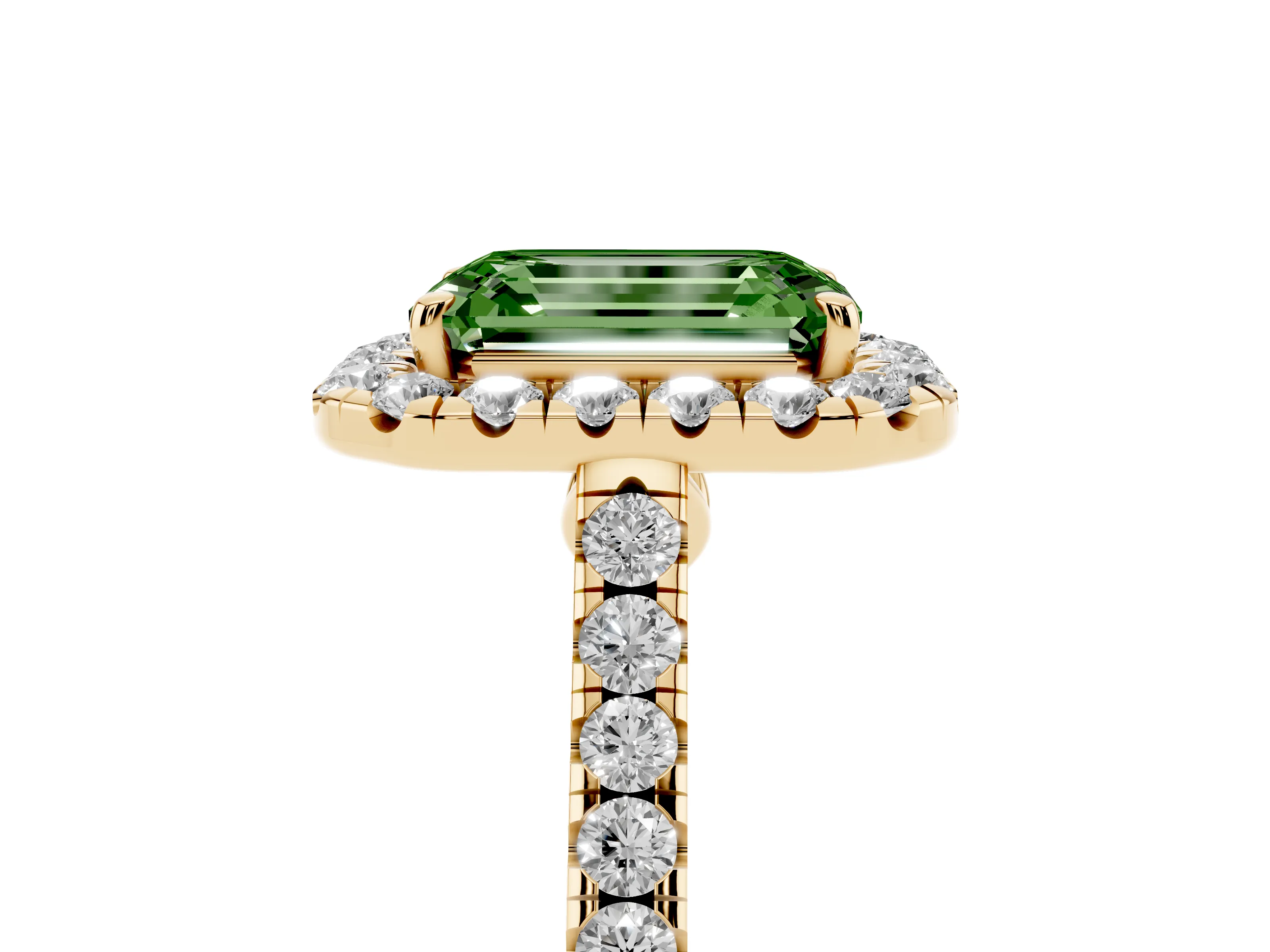 Fancy Green Emerald Cut Diamond Halo Pavé Engagement Ring Set in Yellow gold with Prong Setting