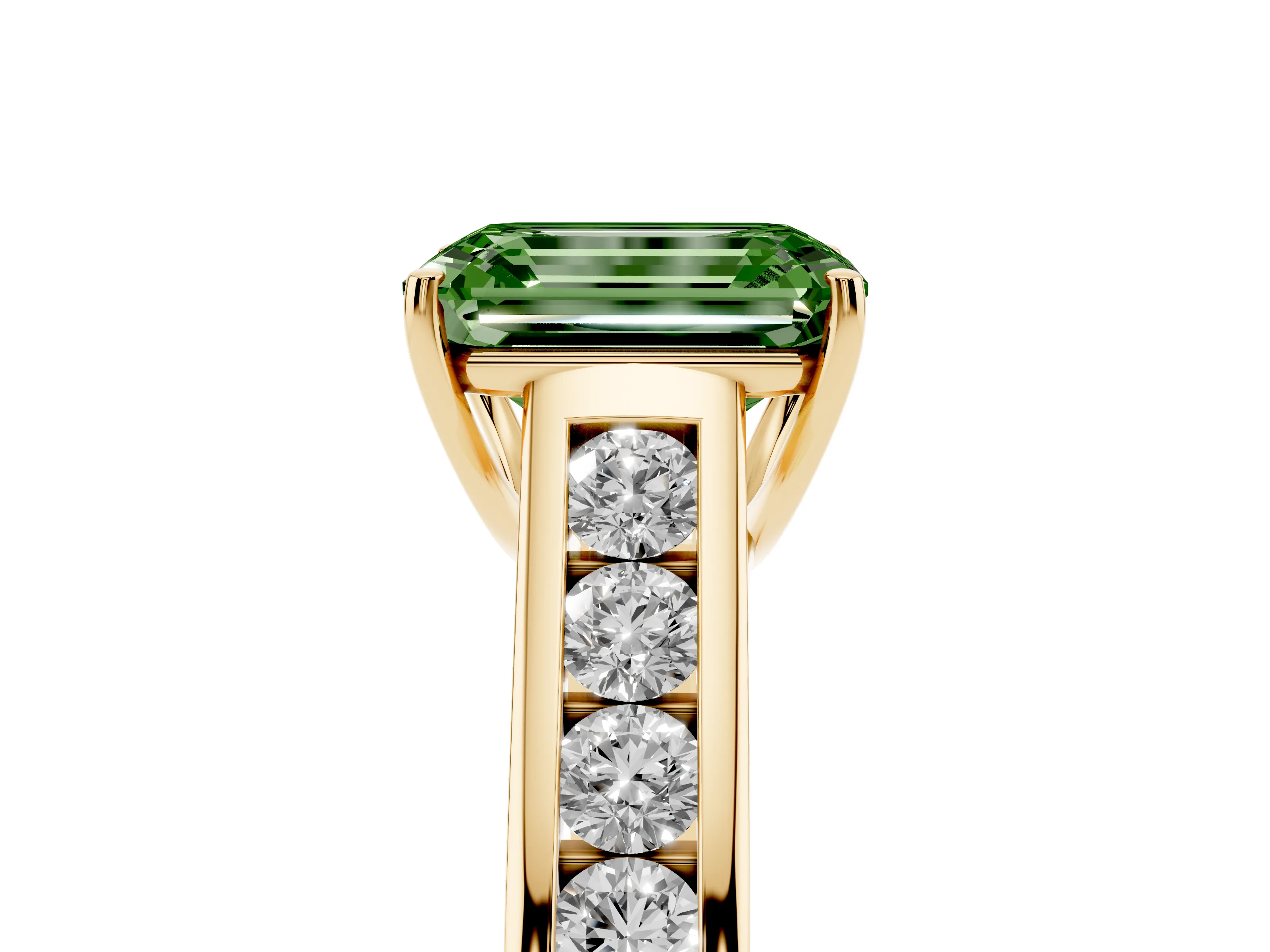 Fancy Green Emerald Cut Diamond Solitaire Channel-Set Engagement Ring Set in Yellow gold with Prong Setting