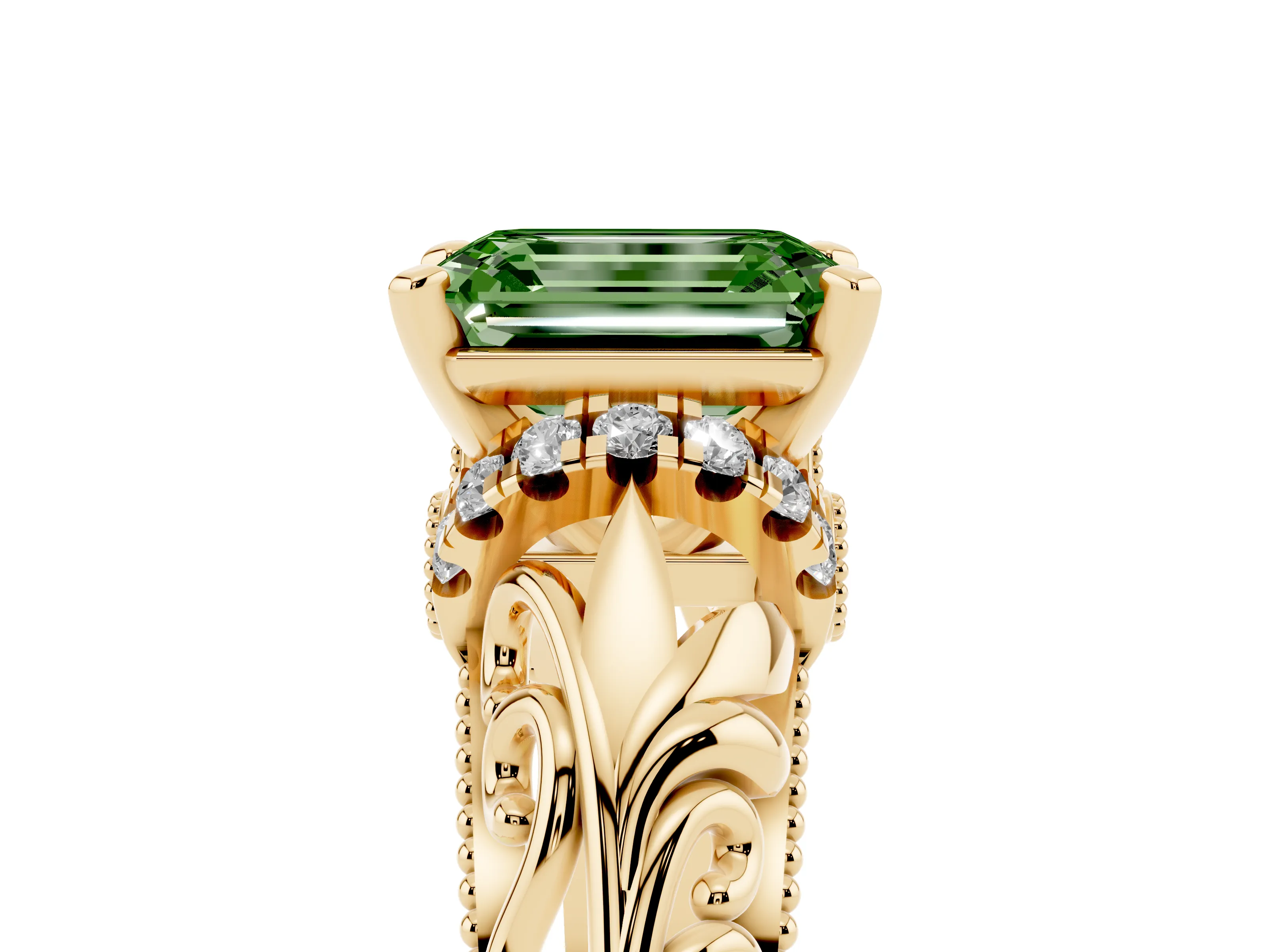 Fancy Green Emerald Cut Diamond Filigree Halo Engagement Ring Set in Yellow gold with Prong Setting