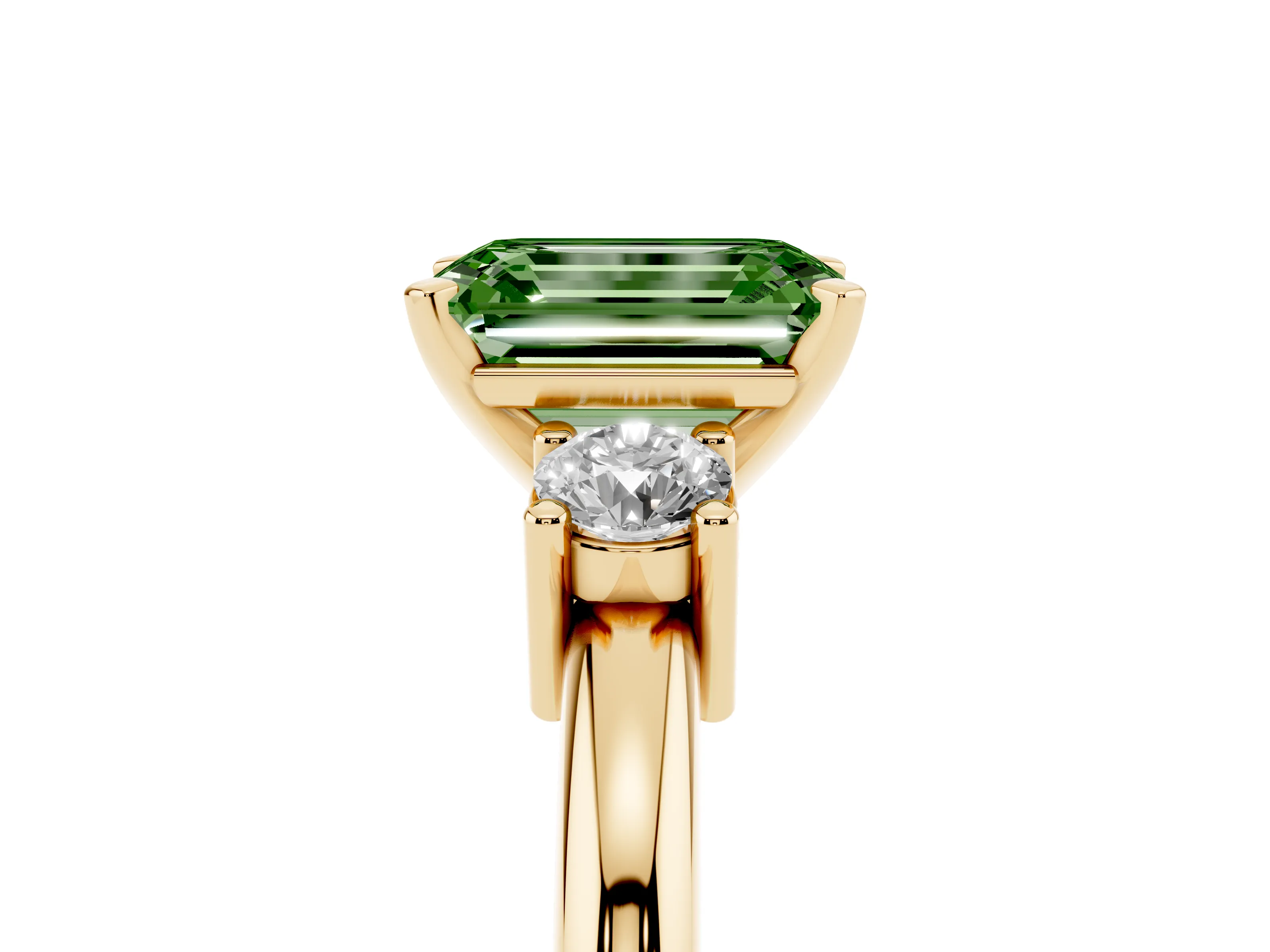 Fancy Green Three-Stone Emerald Cut Diamond Ring Set in Yellow gold with Prong Setting and Plain Band