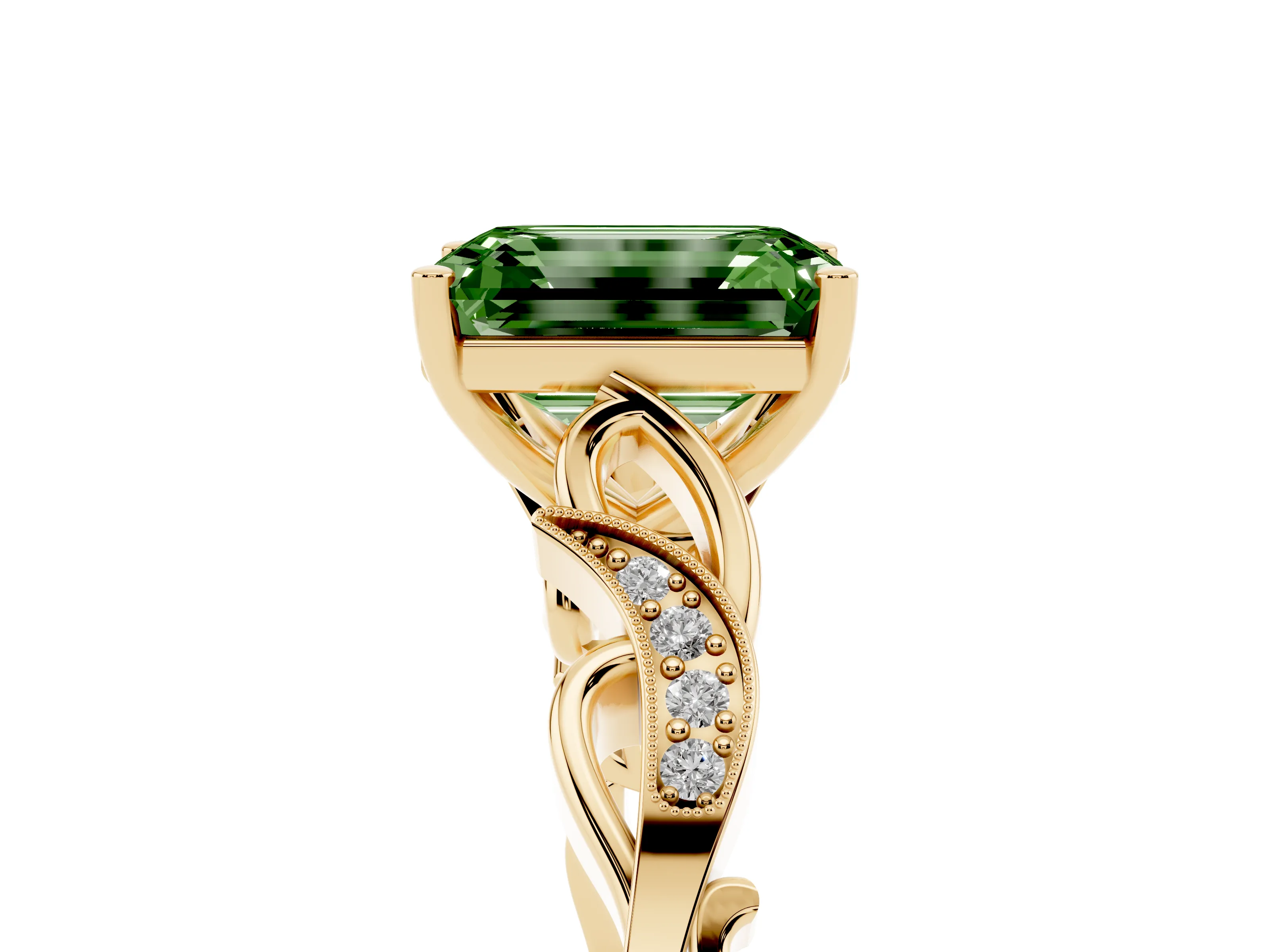 Fancy Green Emerald Cut Diamond Vine Band Solitaire Ring Set in Yellow gold with Milgrain Prong Setting