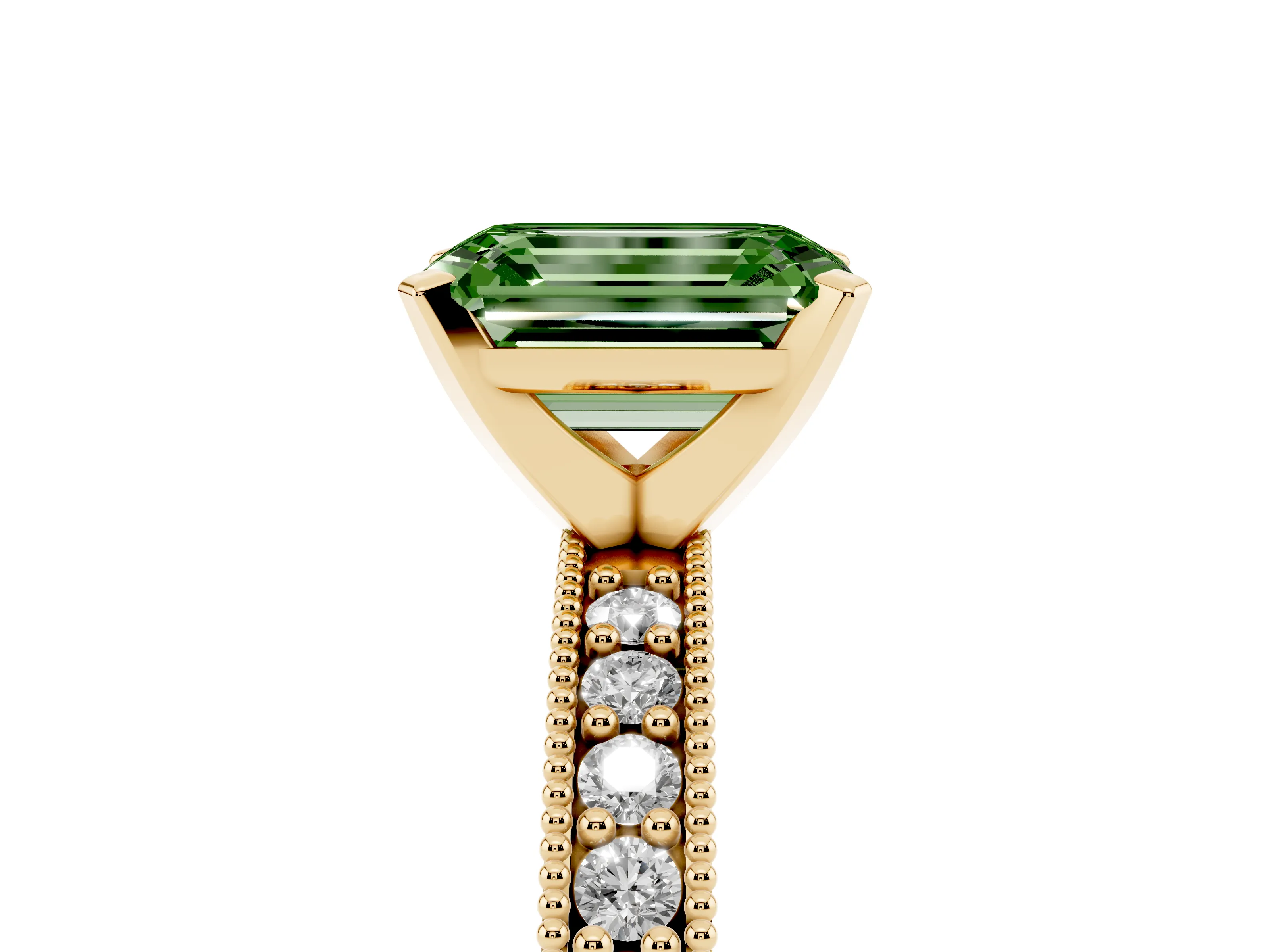 Fancy Green Emerald Cut Diamond Milgrain Pavé Engagement Ring Set in Yellow gold with Prong Setting