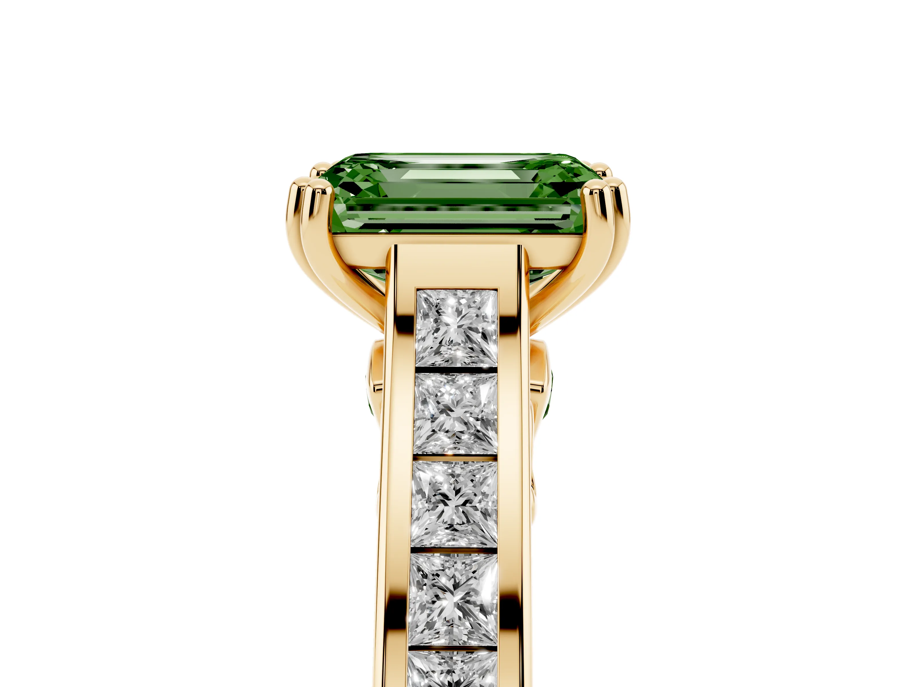 Fancy Green Emerald Cut Diamond Channel Set Solitaire Engagement Ring Set in Yellow gold with Prong Setting