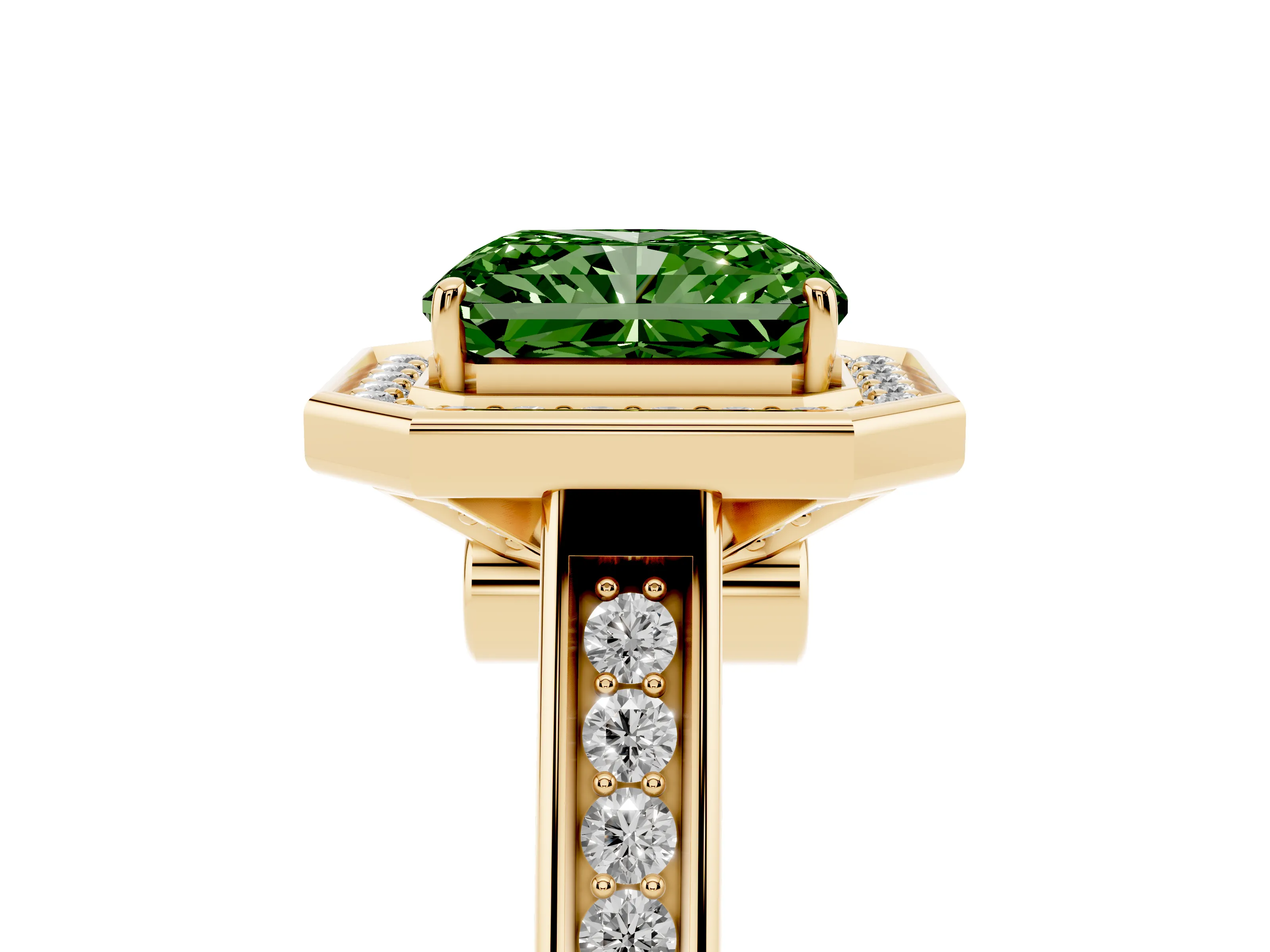 Fancy Green Emerald Cut Diamond Halo Solitaire Ring Set in Yellow gold with Pavé Band and Bezel Setting
