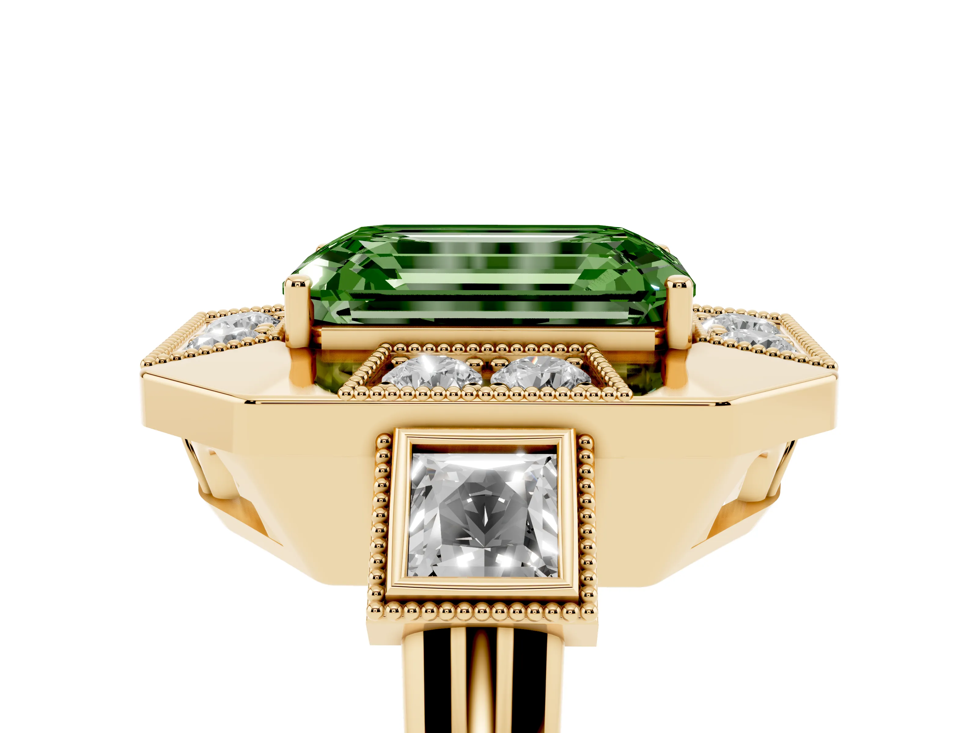Fancy Green Emerald Cut Diamond Milgrain Halo Ring Set in Yellow gold with Split Shank