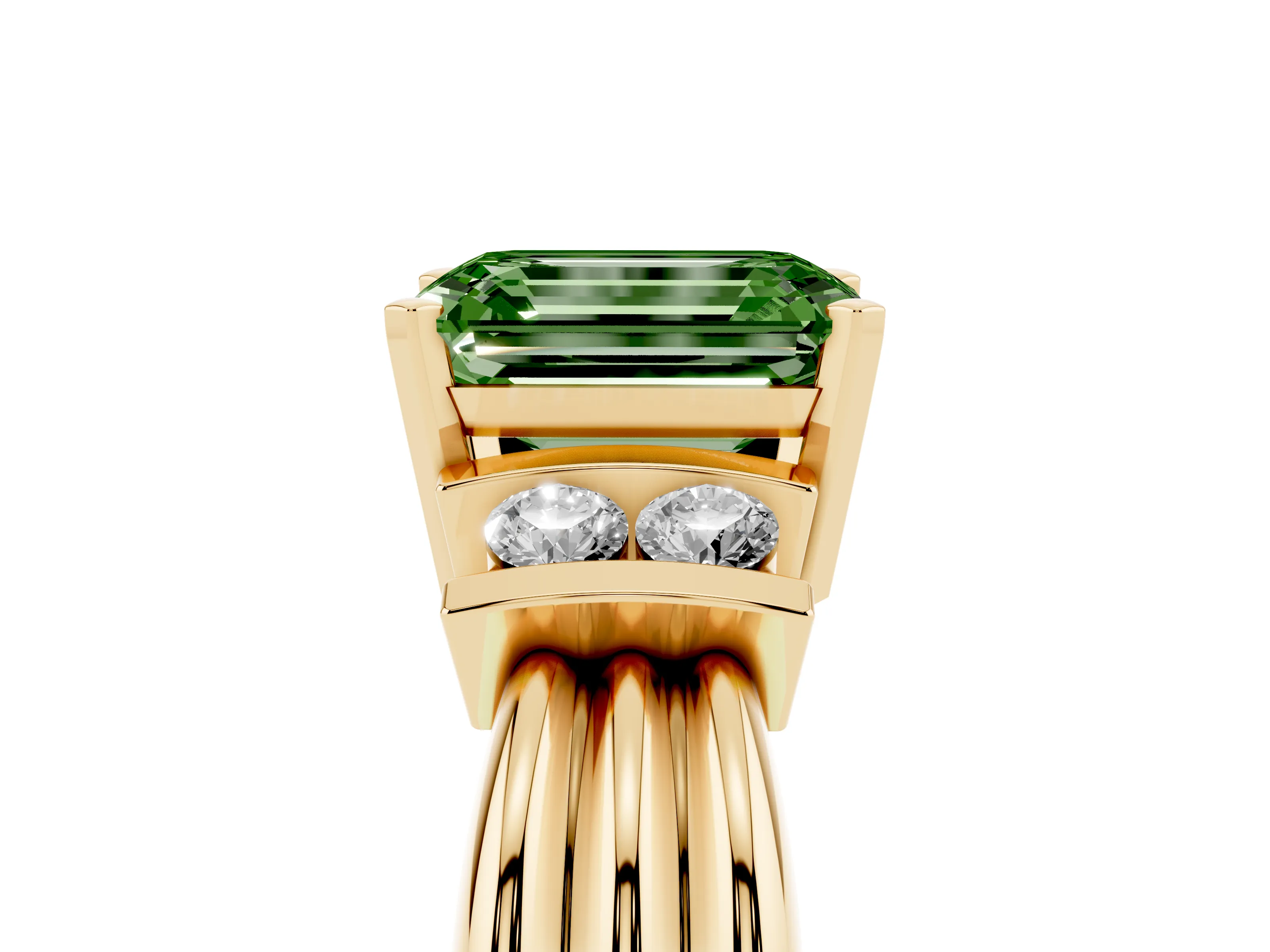 Fancy Green Three-Stone Emerald Cut Diamond Channel Set Ring Set in Yellow gold with Bar Prongs