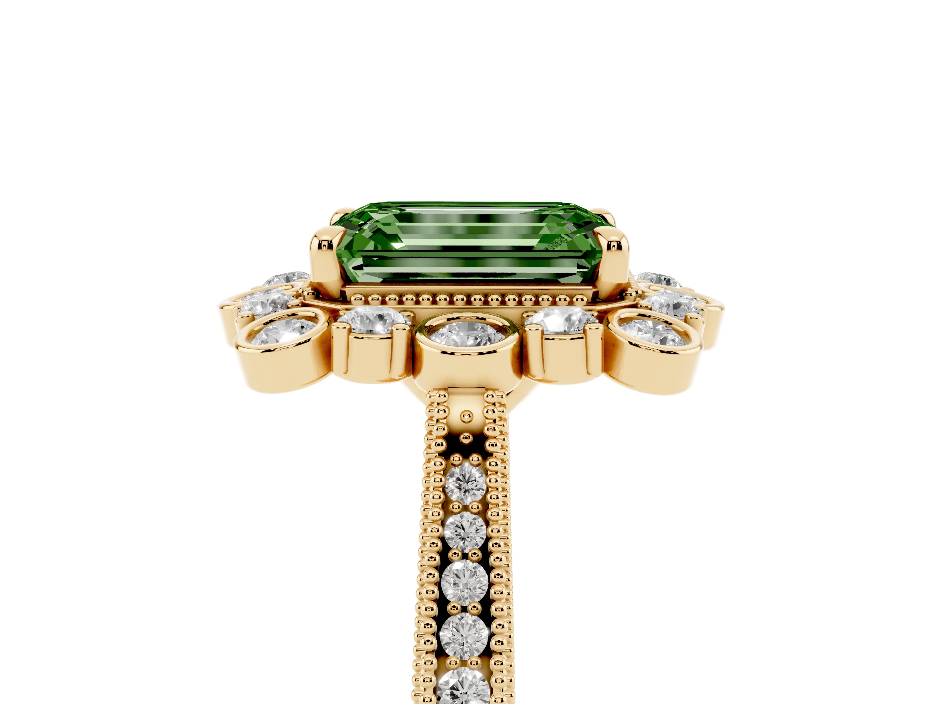 Fancy Green Emerald Cut Diamond Halo Milgrain Pavé Ring Set in Yellow gold with Prong Setting