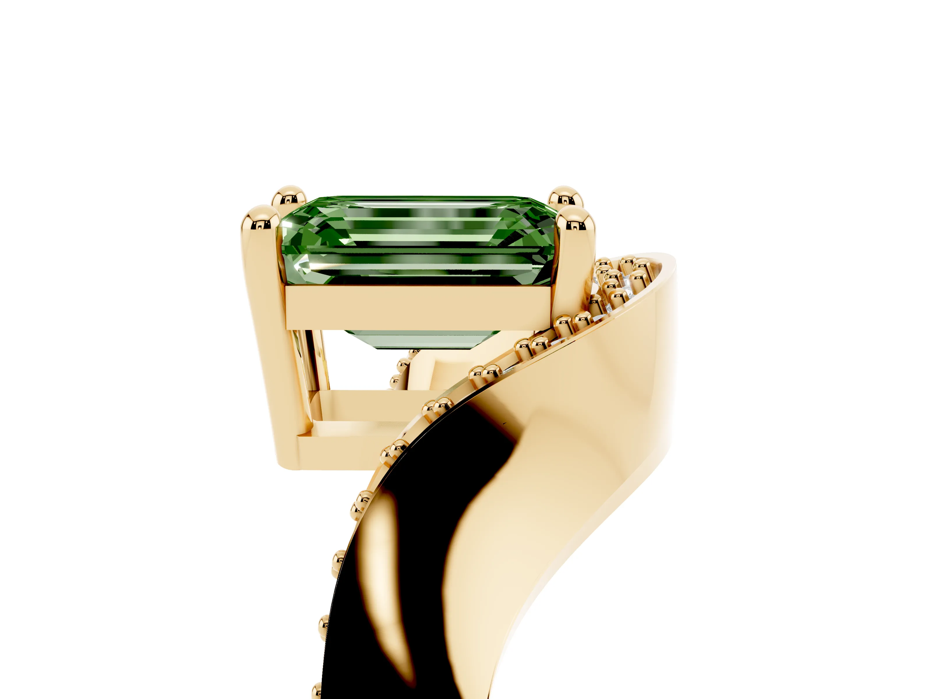 Fancy Green Emerald Cut Diamond Solitaire Engagement Ring Set in Yellow gold with Pavé Shoulders
