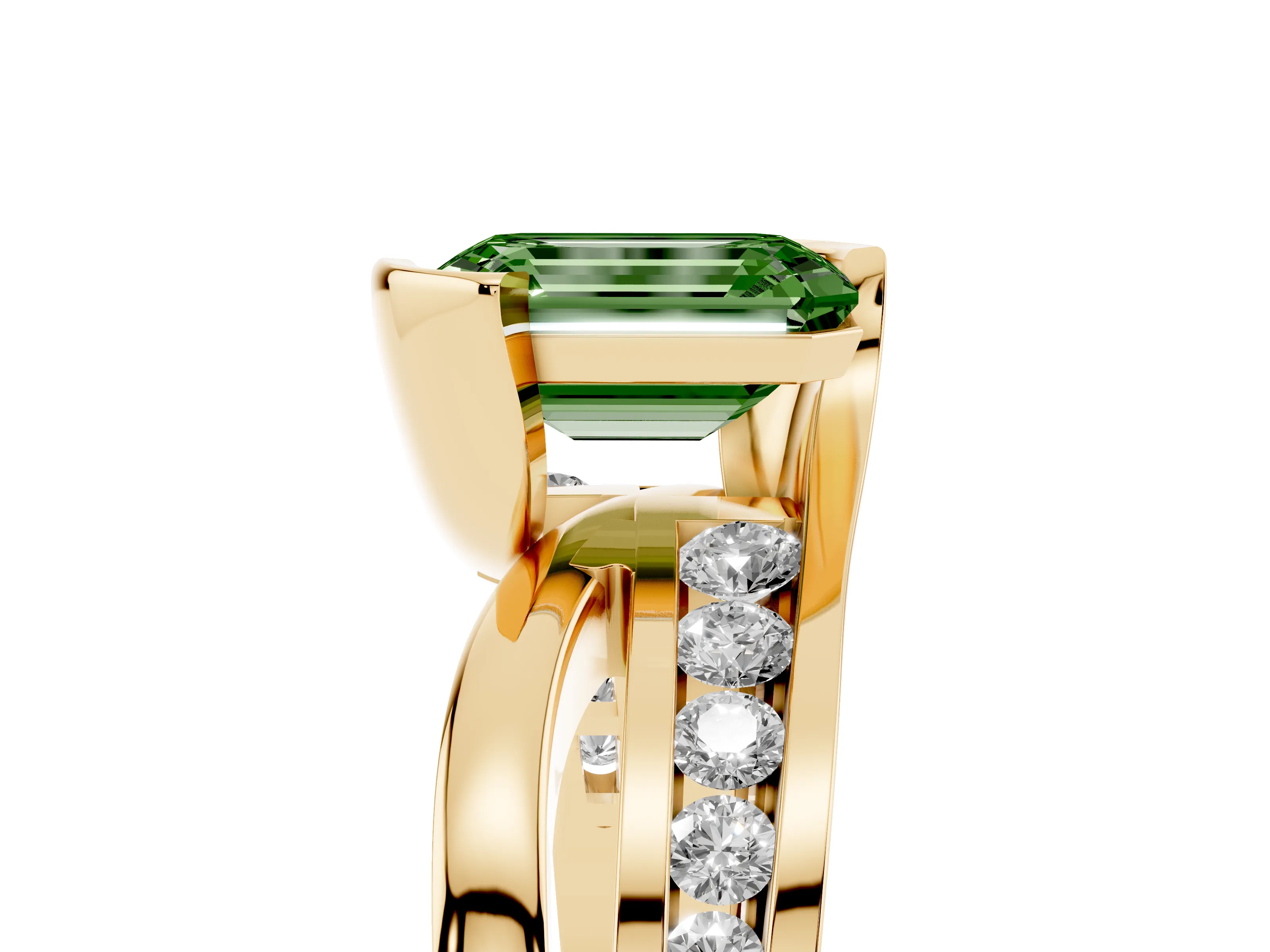 Fancy Green Emerald Cut Diamond Solitaire Ring Set in Yellow gold with Channel Set Split Shank and Tension Prongs