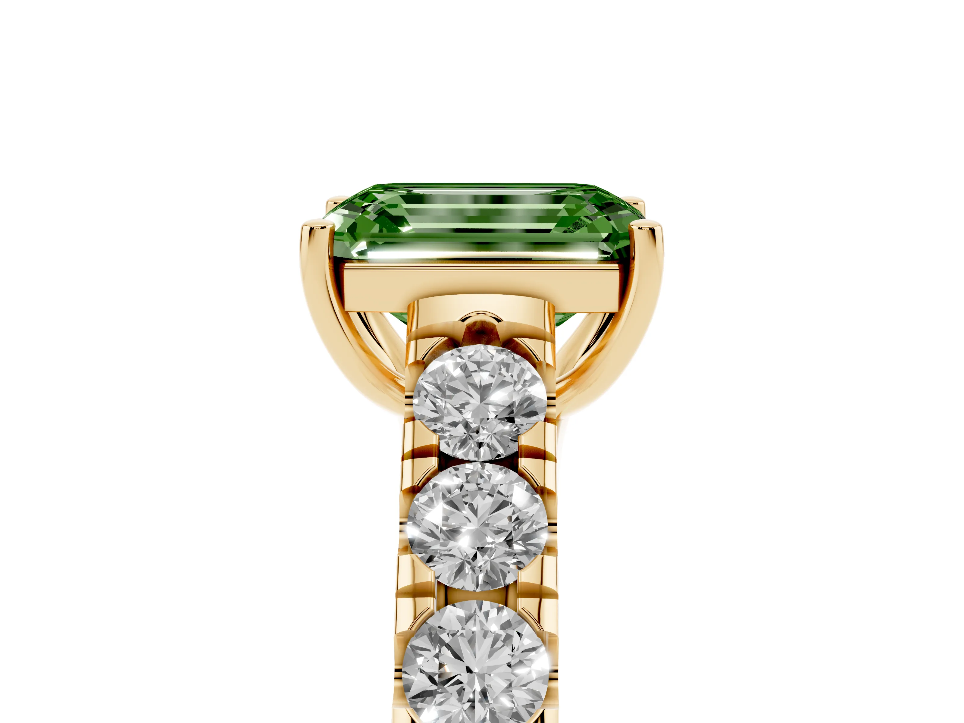Fancy Green Emerald Cut Diamond Solitaire Ring Set in Yellow gold with Cut-Down Micro Pavé Band and Prong Setting