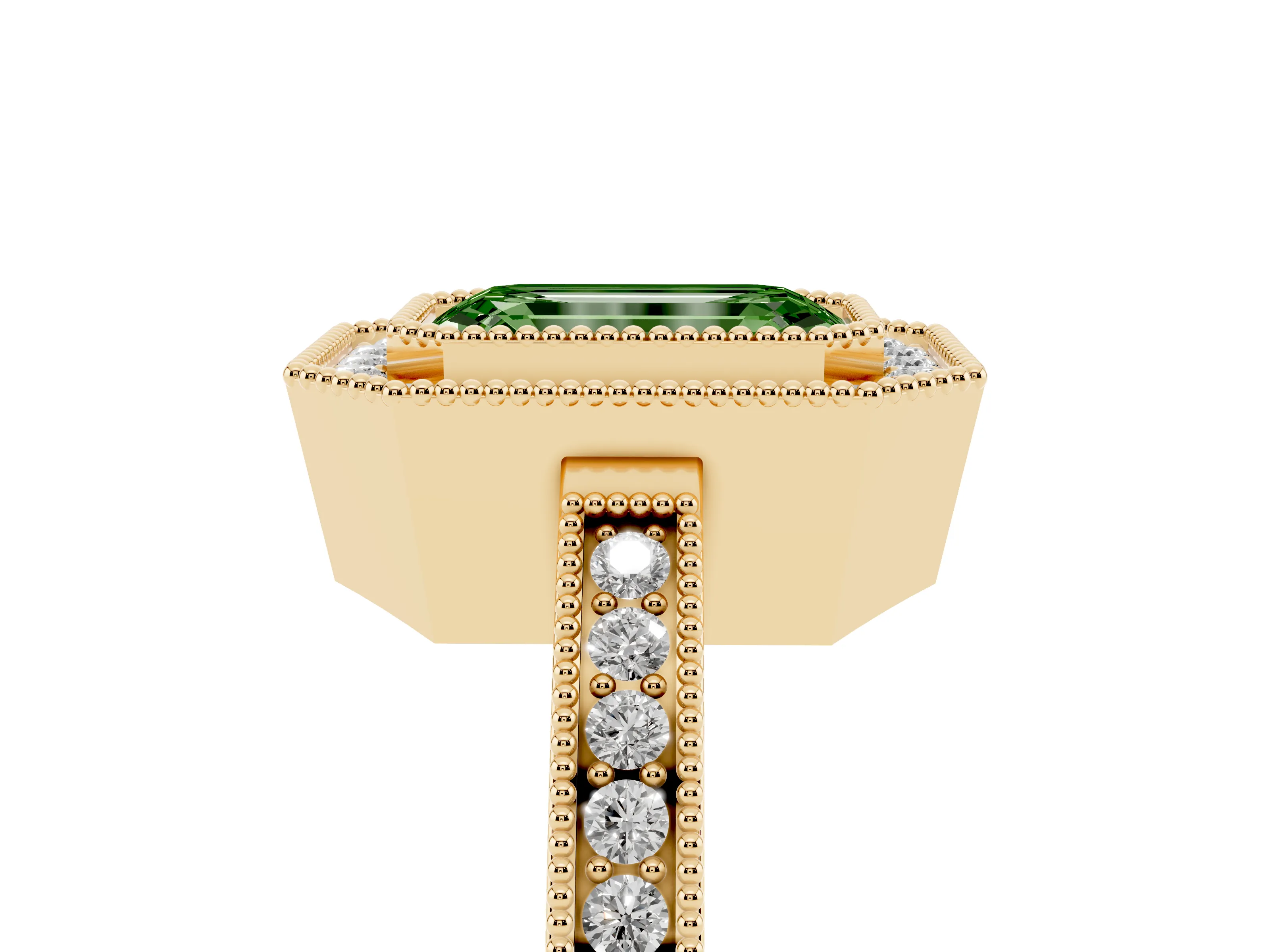 Fancy Green Emerald Cut Diamond Halo Ring Set in Yellow gold with Pavé Band and Milgrain-Edged Prongs