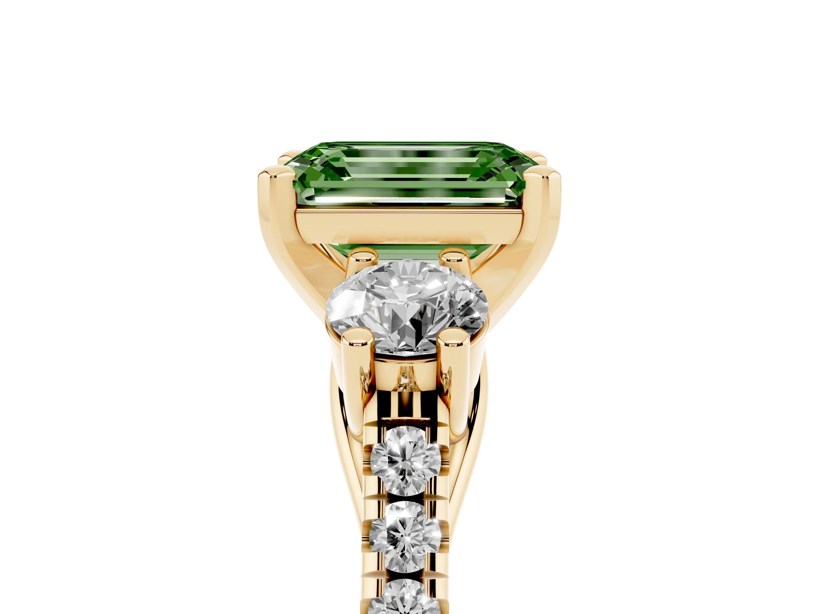 Fancy Green Three-Stone Emerald Cut Diamond Pavé Band Ring Set in Yellow gold with Prong-Set Trio