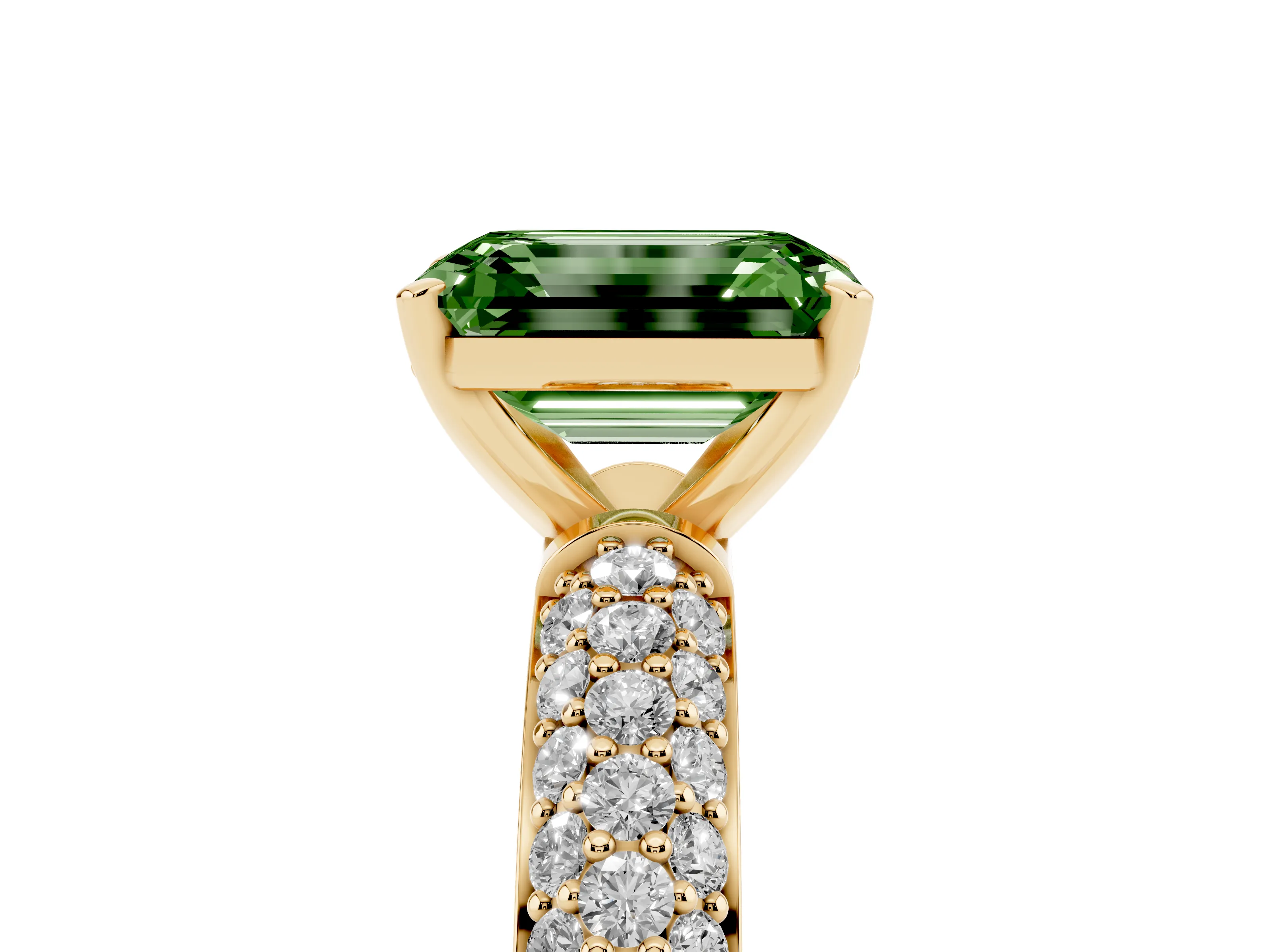 Fancy Green Emerald Cut Diamond Solitaire Ring Set in Yellow gold with Prong Setting and Pavé-Set Band