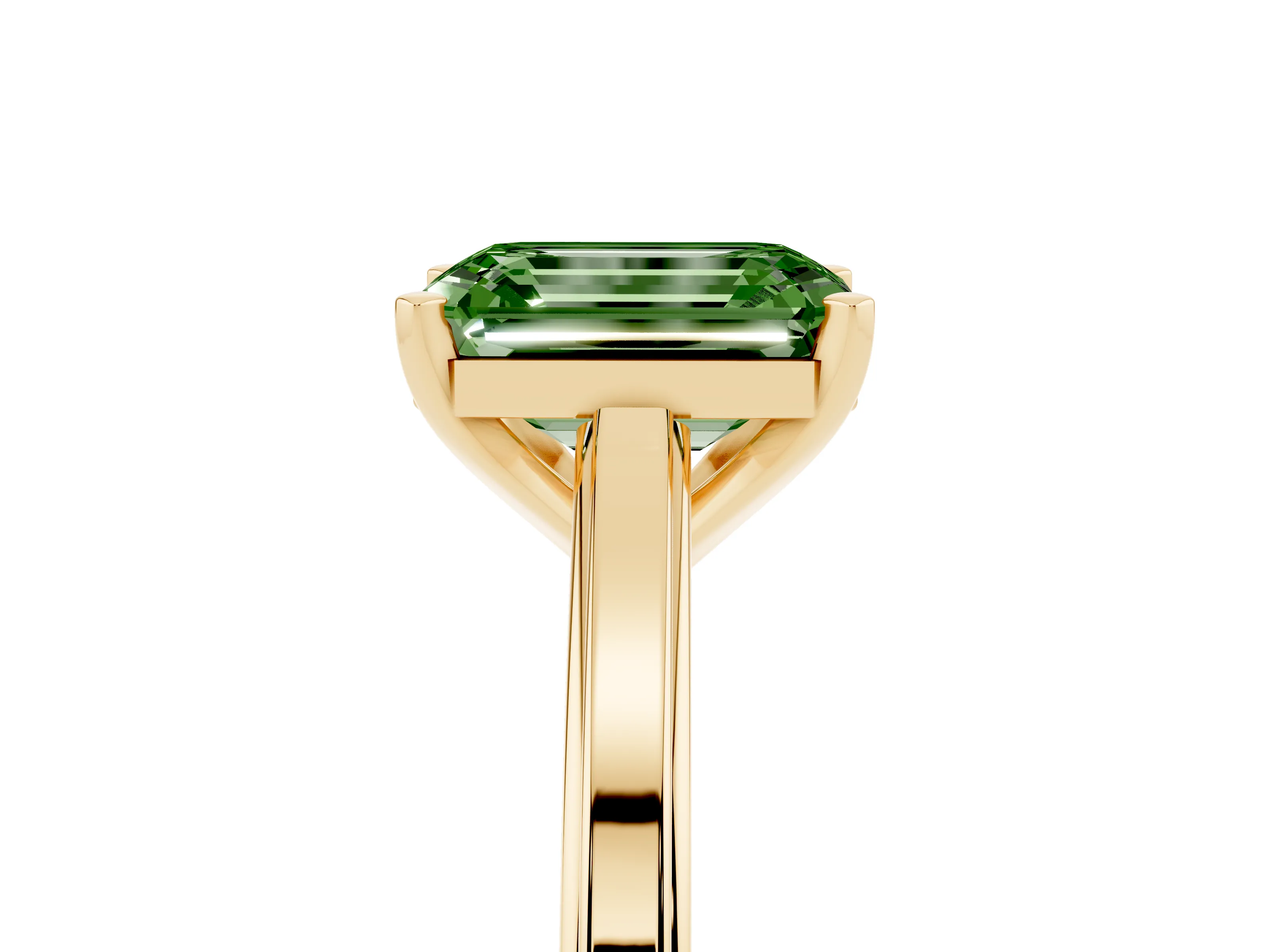 Fancy Green Emerald Cut Diamond Solitaire Ring Set in Yellow gold with Prong Setting and Classic Band