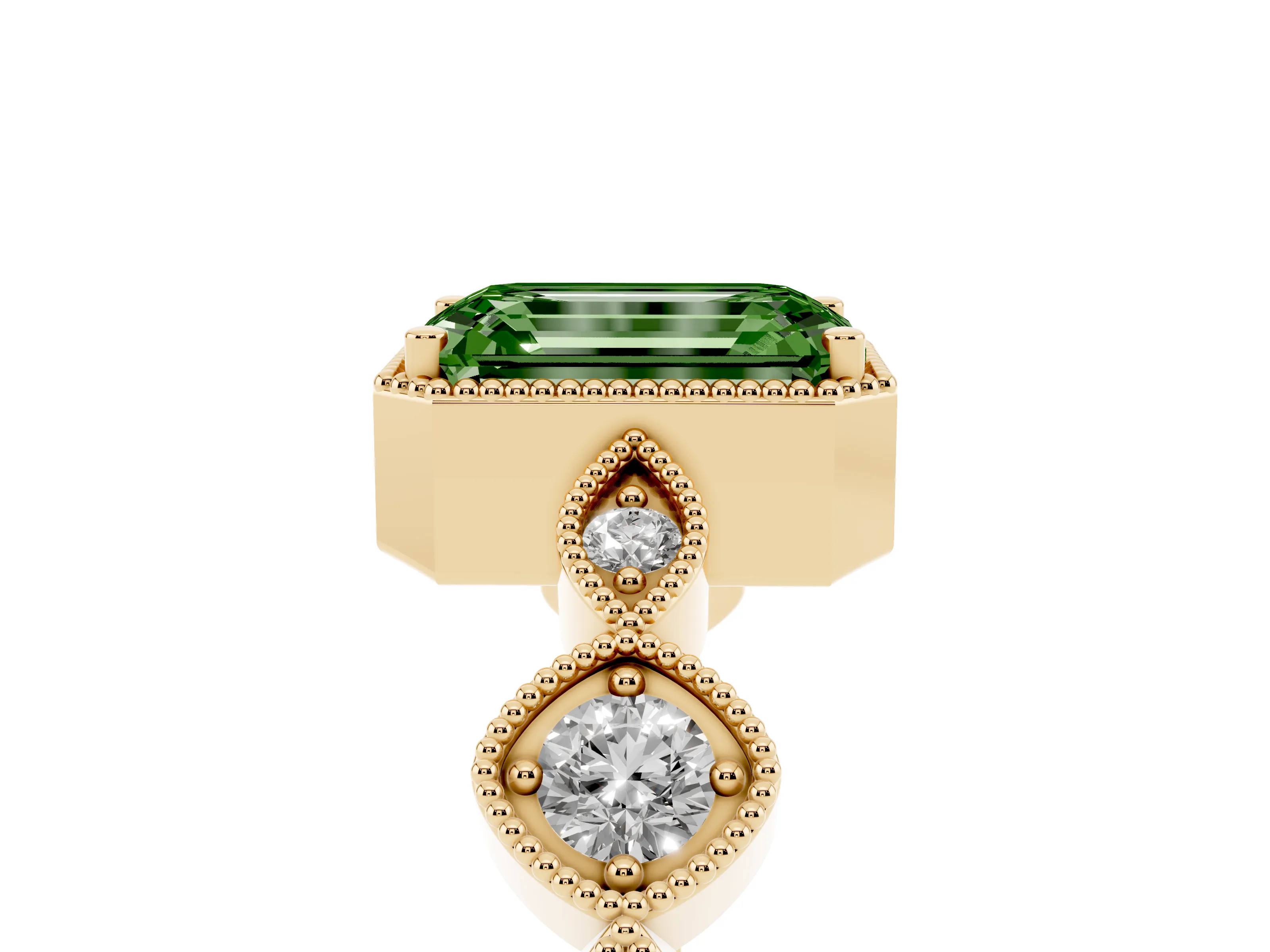 Fancy Green Emerald Cut Diamond Vintage-Inspired Milgrain Ring Set in Yellow gold with Marquise Stations of Round Accents