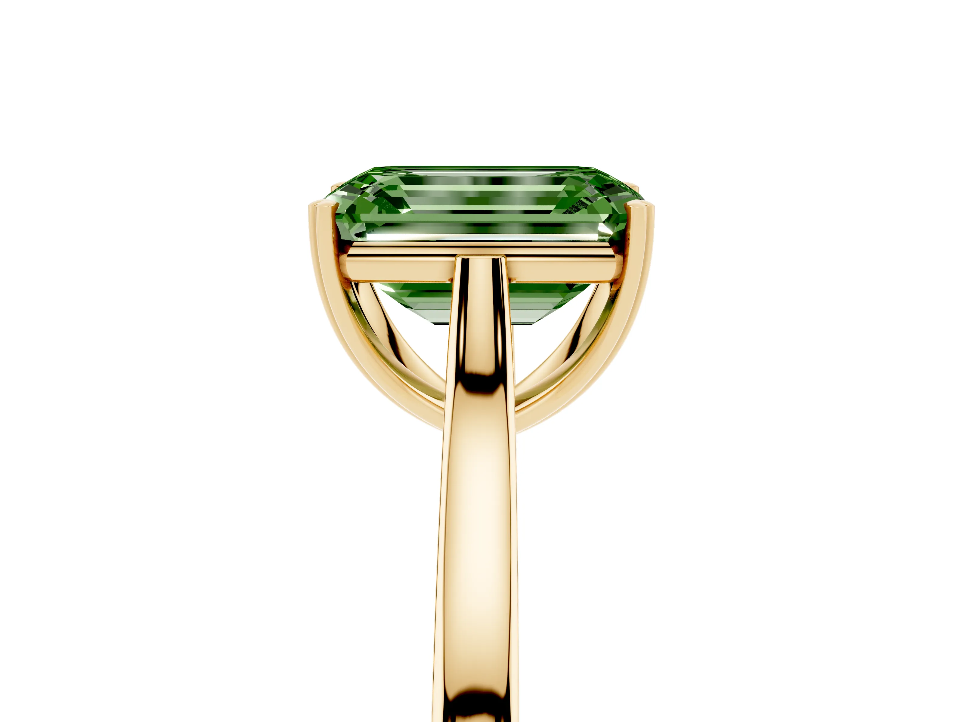 Fancy Green Emerald Cut Diamond Solitaire Heart Prong Engagement Ring Set in Yellow gold with Tapered Band