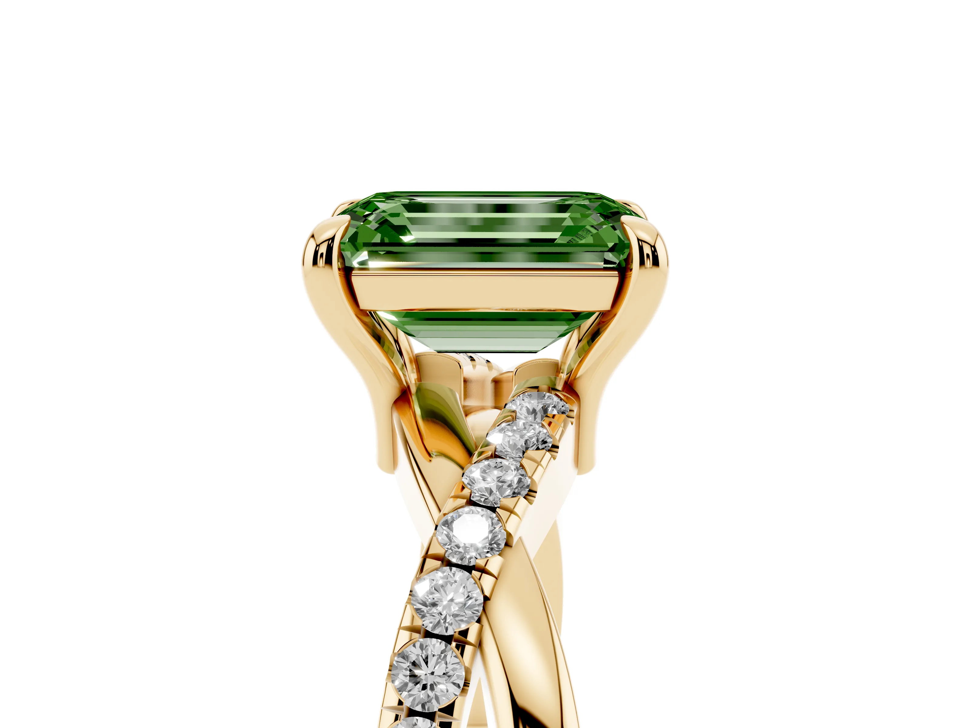 Fancy Green Emerald Cut Diamond Twist Band Pavé Solitaire Ring Set in Yellow gold with Prong Setting