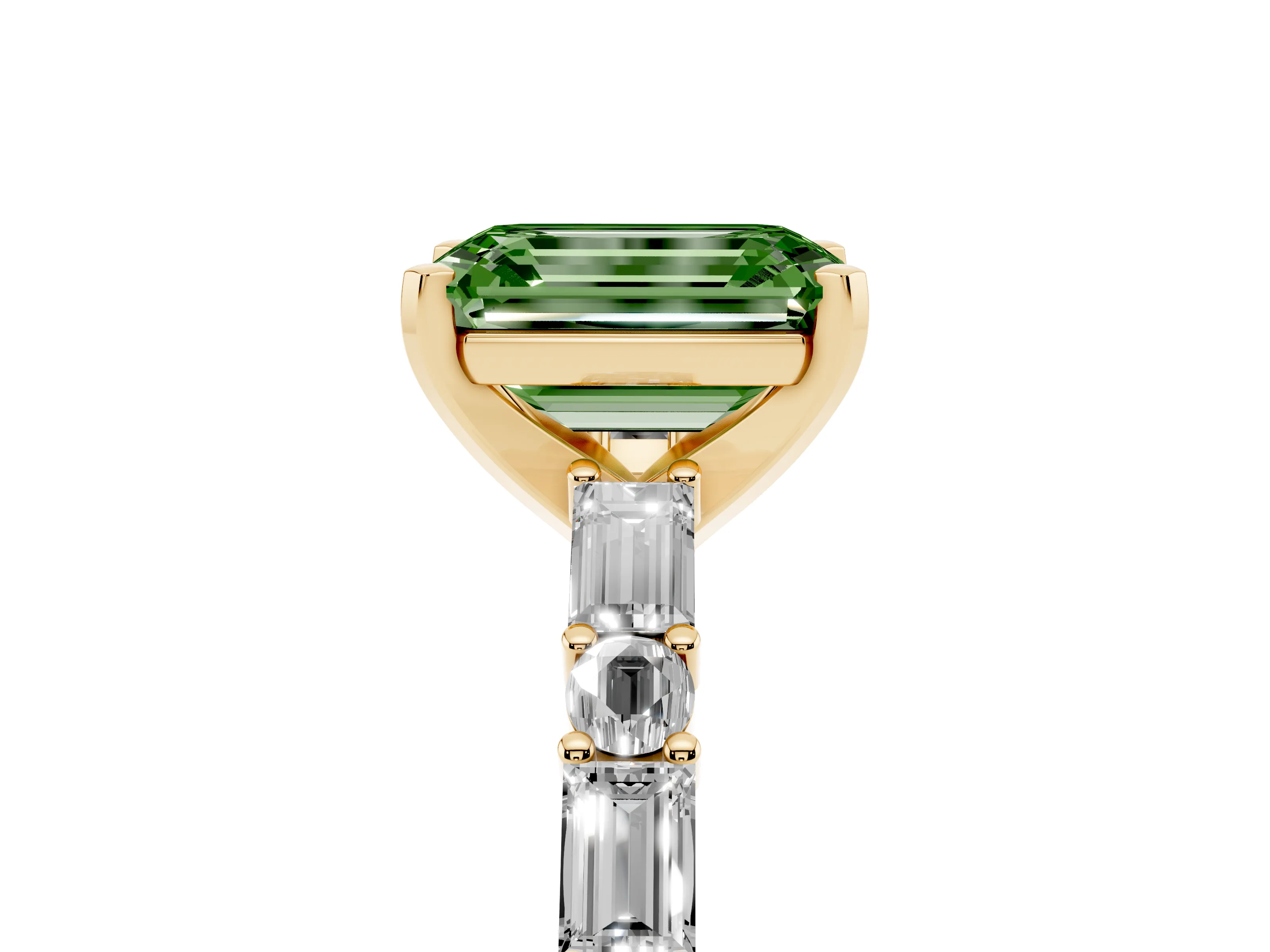 Fancy Green Emerald Cut Diamond Solitaire Set in Yellow gold with Side Baguettes and Channel Set Band