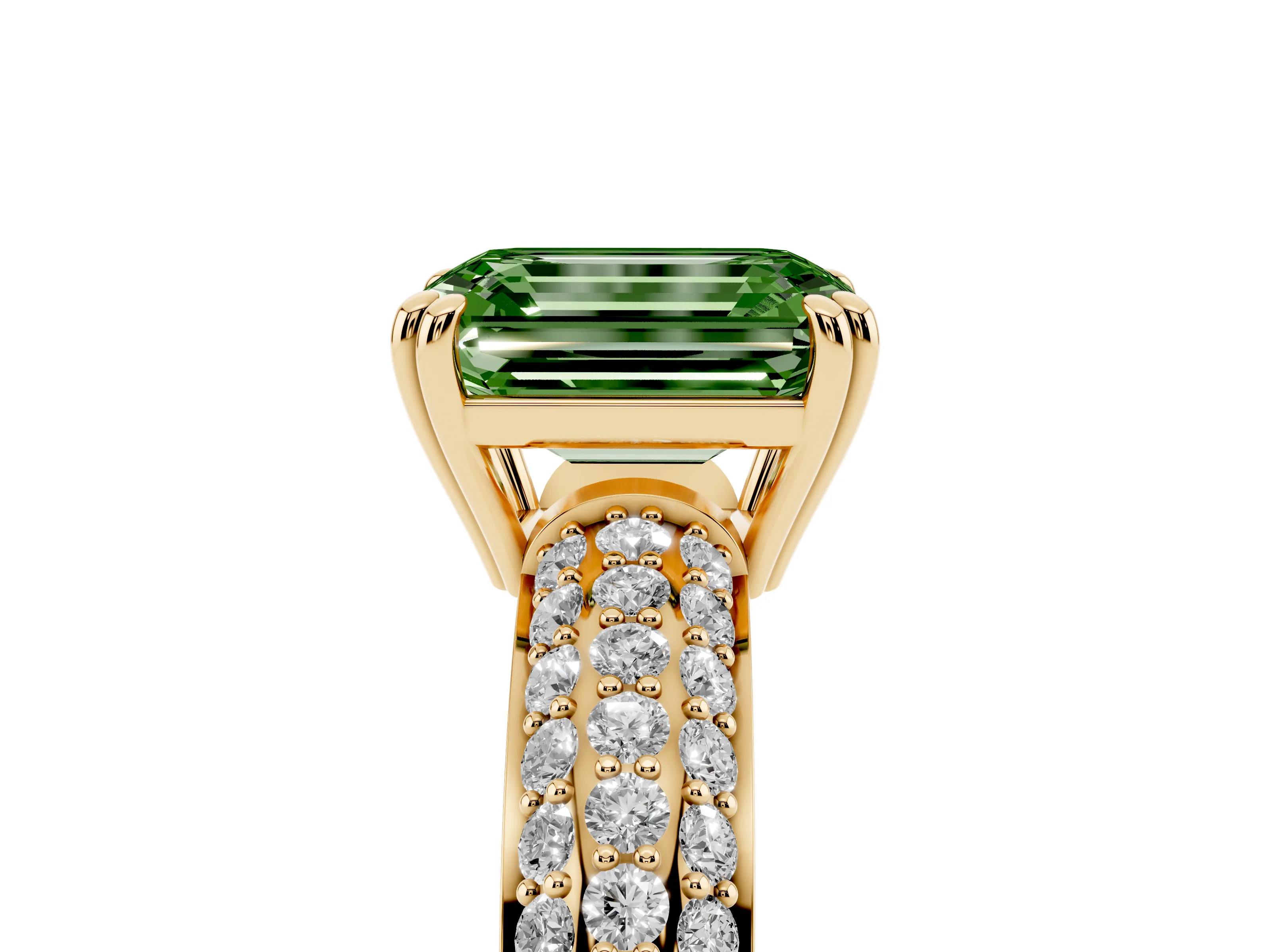 Fancy Green Emerald Cut Diamond Solitaire Ring Set in Yellow gold with Multi-Row Round Pavé Band and Prong Setting