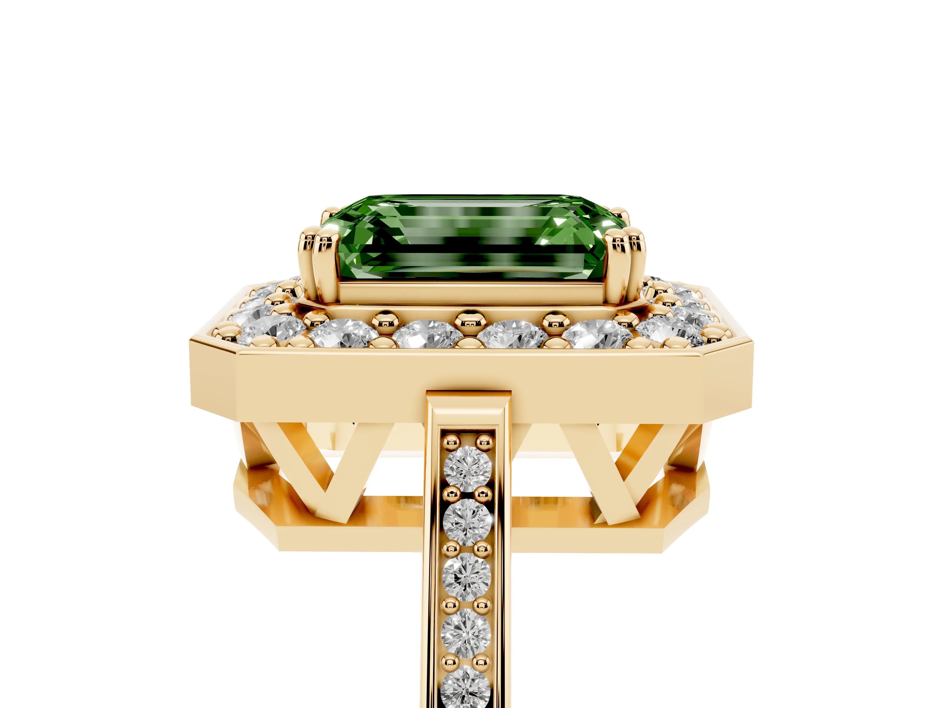 Fancy Green Emerald Cut Diamond Halo Ring Set in Yellow gold with Accent-Lined Split Shank and Prong Setting