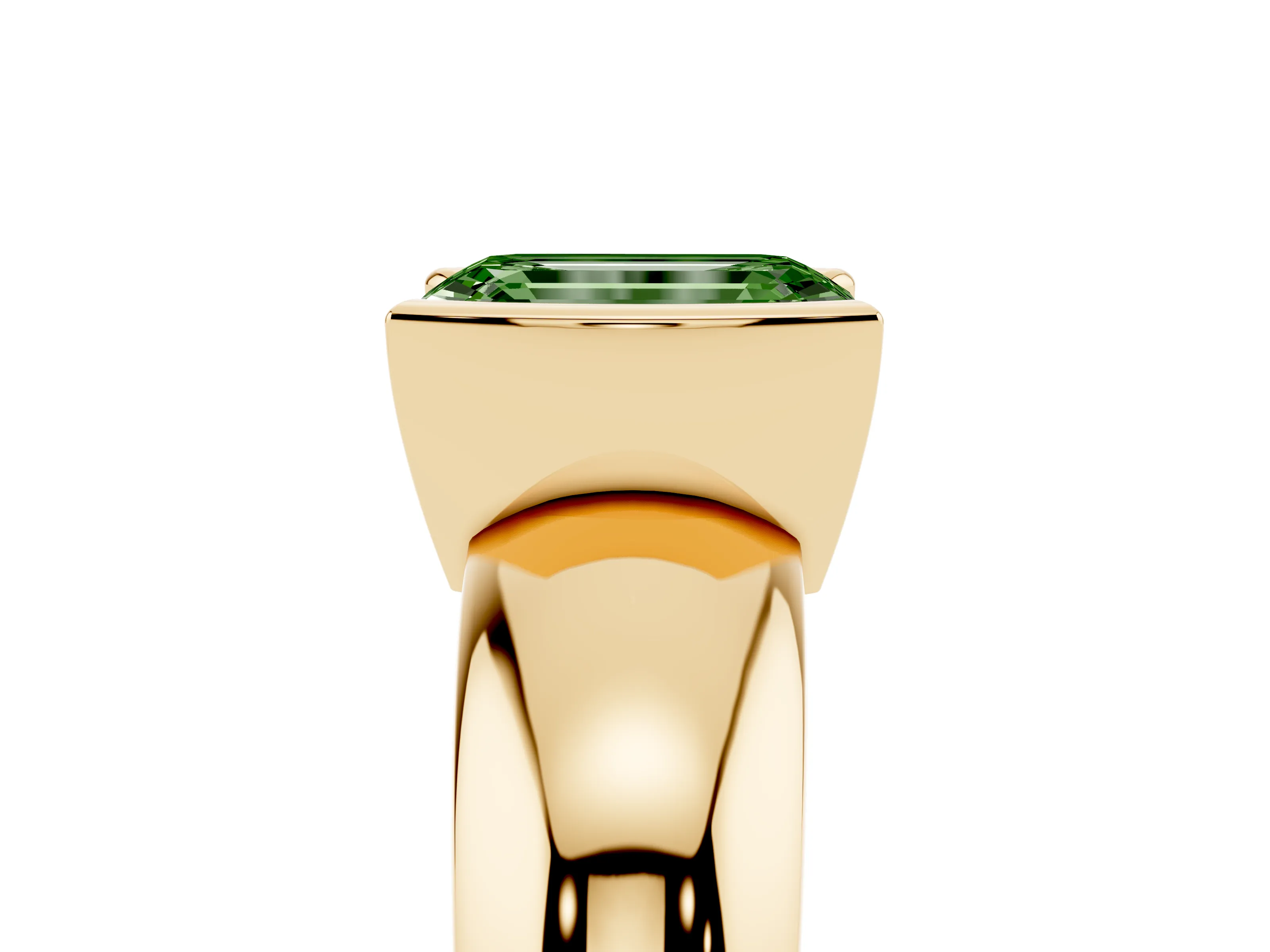 Fancy Green Emerald Cut Diamond Solitaire Tension Set Ring Set in Yellow gold with Wide Band